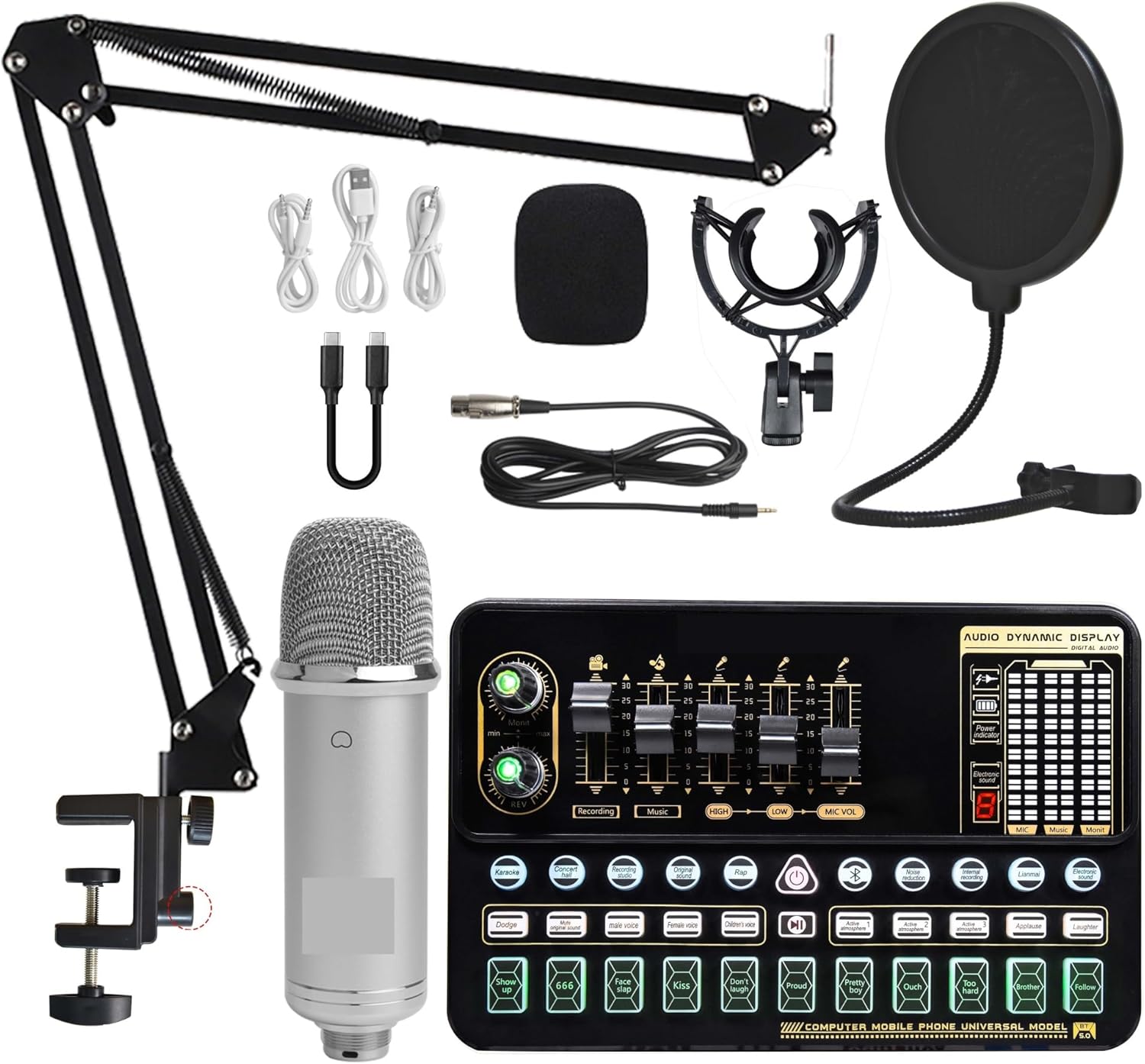 Condenser Microphone Bundle Sound Card Kit with Adjustable Mic Suspension Scissor Arm Professional Studio Wireless Karaoke MIC Studio Setup for Recording Music