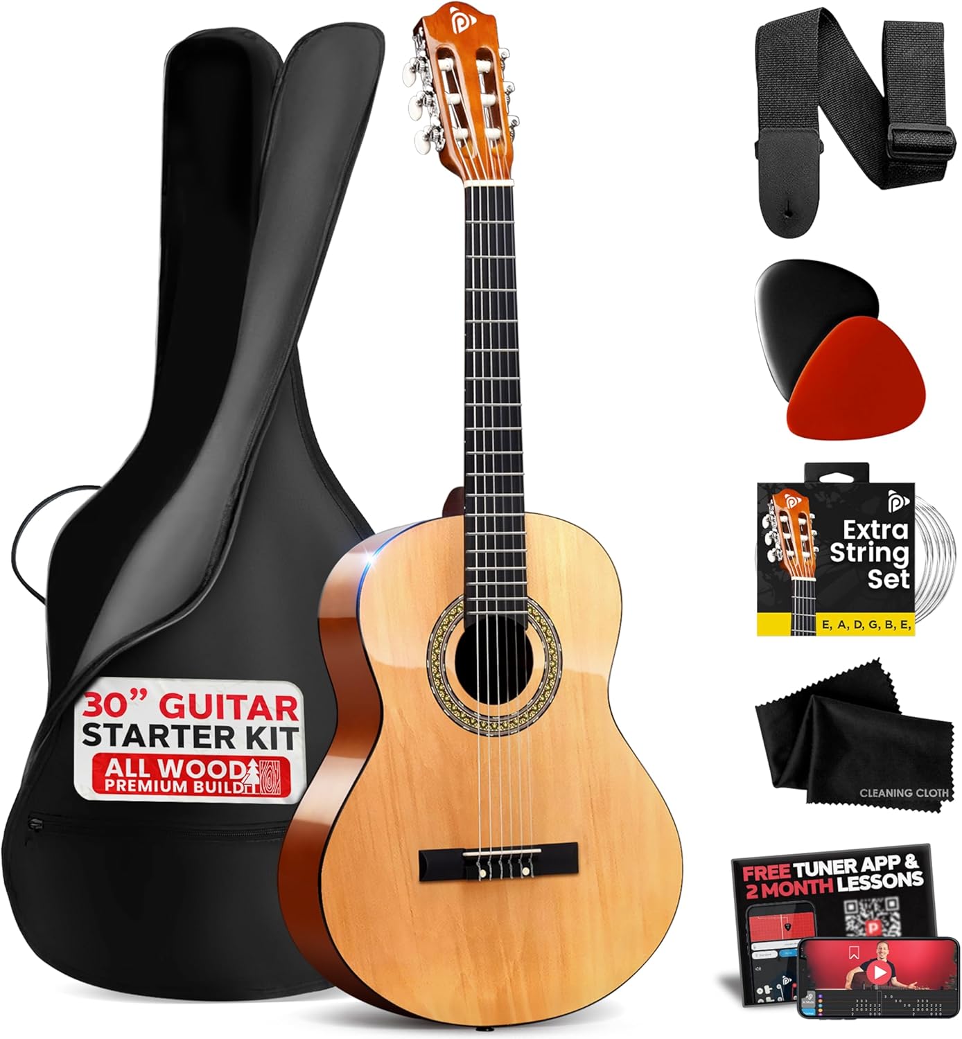 Pyle Beginner 6 String Acoustic Guitar Kit, 1/4 Junior Size Classical Instrument for Students, 30