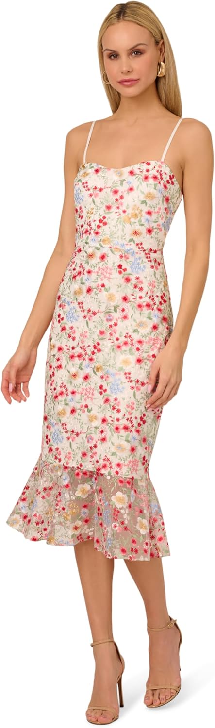 Adrianna Papell Womens Embroidered Mesh Midi Dress