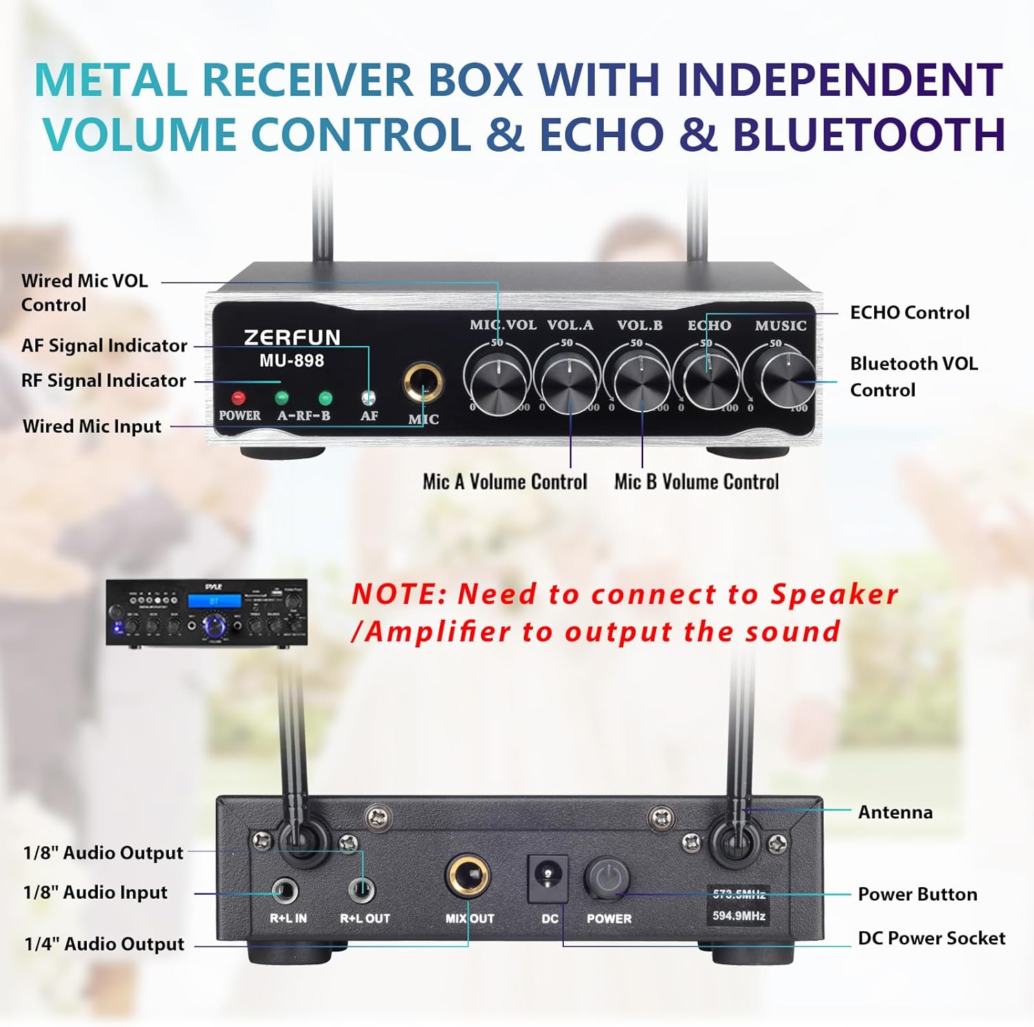 2 Channel Rechargeable Wireless Microphone System, Pro UHF Metal Handheld Wireless Microphones Cordless Mics with Echo Bluetooth VOL Channel Control for Karaoke Singing Church(MU-898)