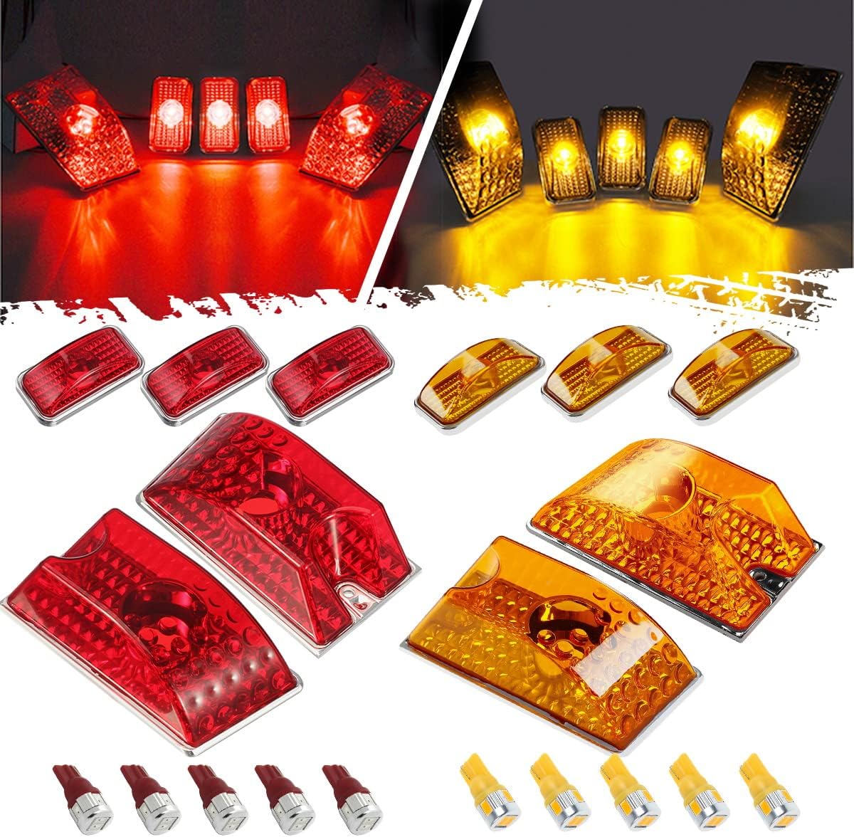 Partsam Replacement for Hummer H2 Cab Roof Lights Housing 2003-2009 and Hummer H2 SUT Cab Roof Top Clearance Marker LED Light Lamps 2005-2009 Front Rear w/T10 194 168 W5W Led Bulbs(5Amber+5Red)