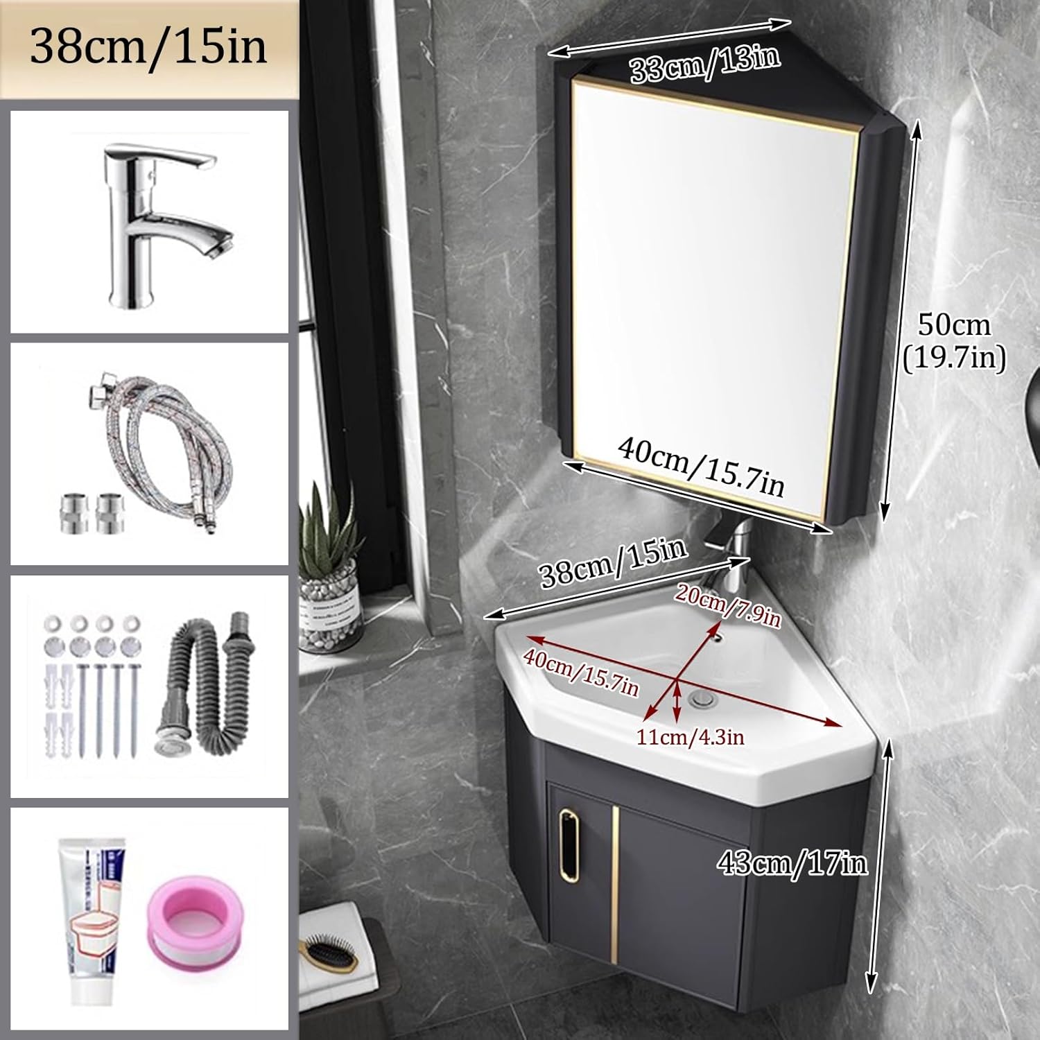 Corner Bathroom Vanity Sink Combo, Wall Mount Multifunctional Practical Ceramic Sink with Mirror Cabinet, Wall Mount Vessel Sink for Small Space(Gray,38cm/15in)