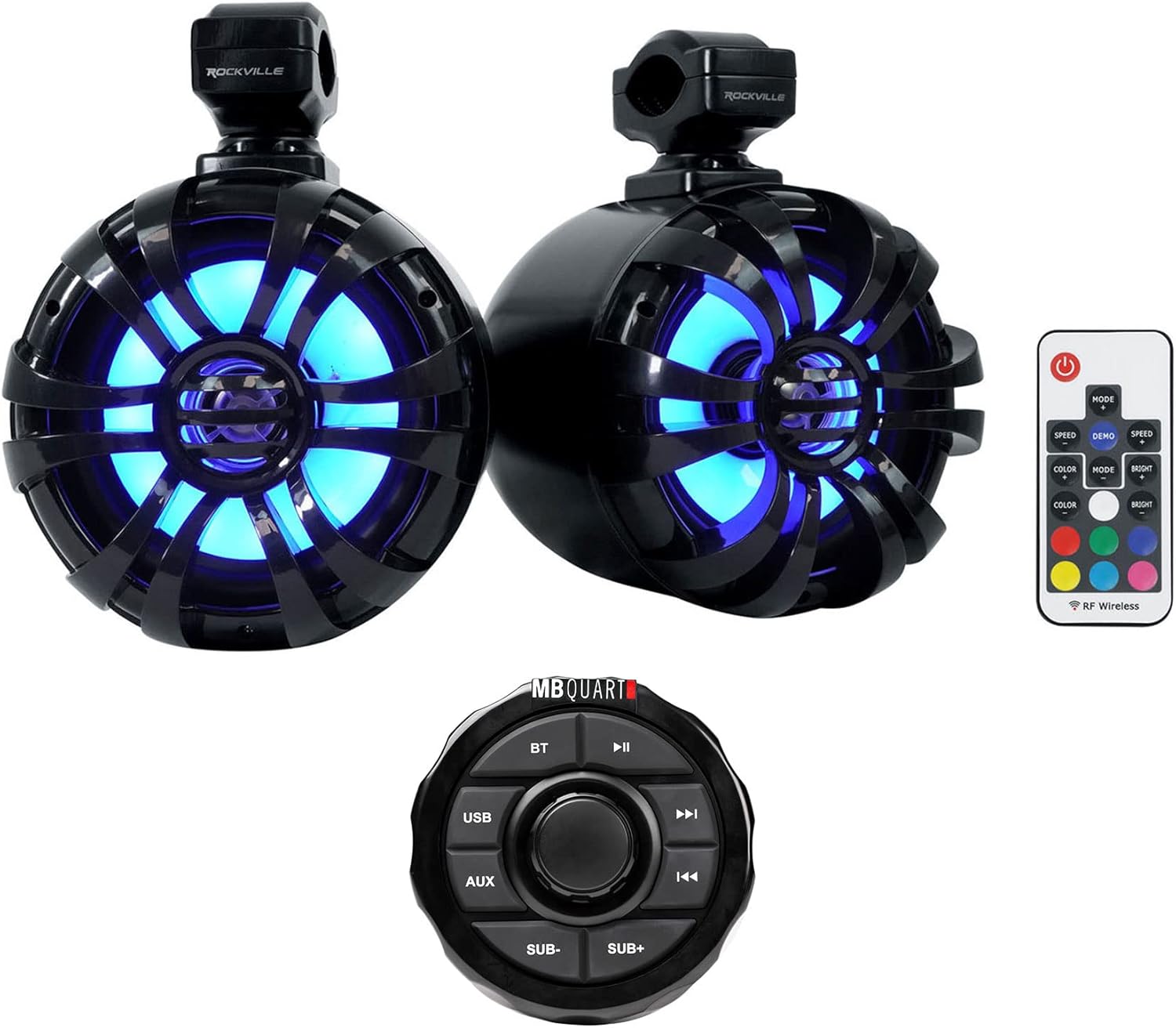 MB Quart GMR-1.5B Marine Gauge Recevier w/Bluetooth/USB/Aux for ATV/UTV/RZR Bundle with (4) Rockville WB65KLS Black Marine Wakeboard LED Tower Speakers