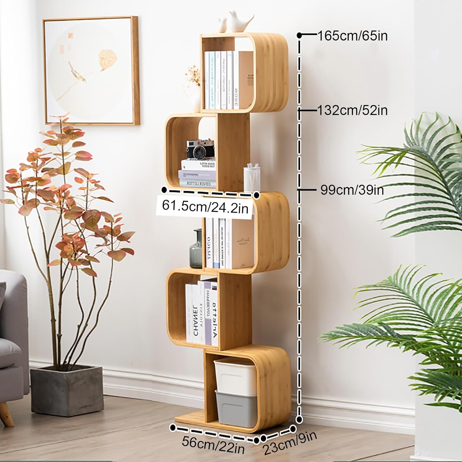 Bamboo Bookshelf with Open Cubes, Geometric Corner Bookcase, Decorative Storage Organizer, Floor Storage Display Shelf Rack for Living Room, Home Office(99cm/39in)