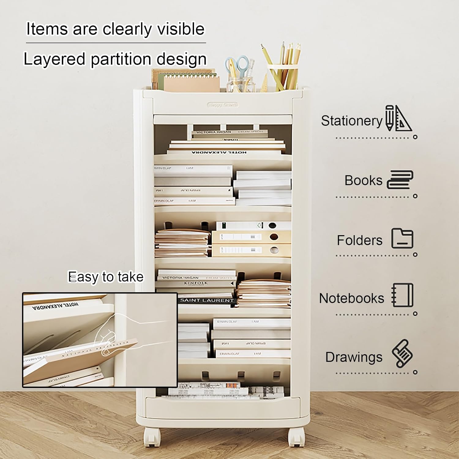Rolling Bookshelf, Mobile Storage Book Shelf with Wheels, Bookcase Storage Rack, Slim Utility Organizer, Smooth Surface, for Office, Library, Dorm, Study Room