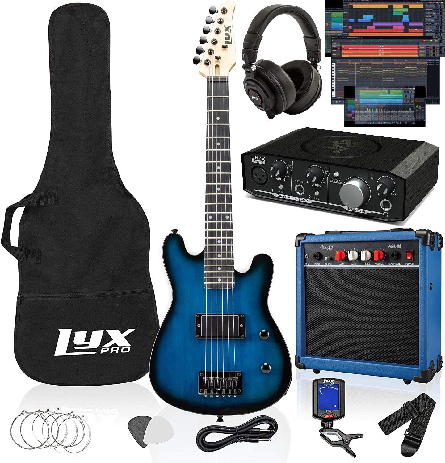 LyxPro Full Size Electric Guitar Blue with 20w Amp Package, Mackie Onyx Artist 2-2 Audio/Midi interface With Pro Tools First/Tracktion Music Production Software Kit With Professional Headphones