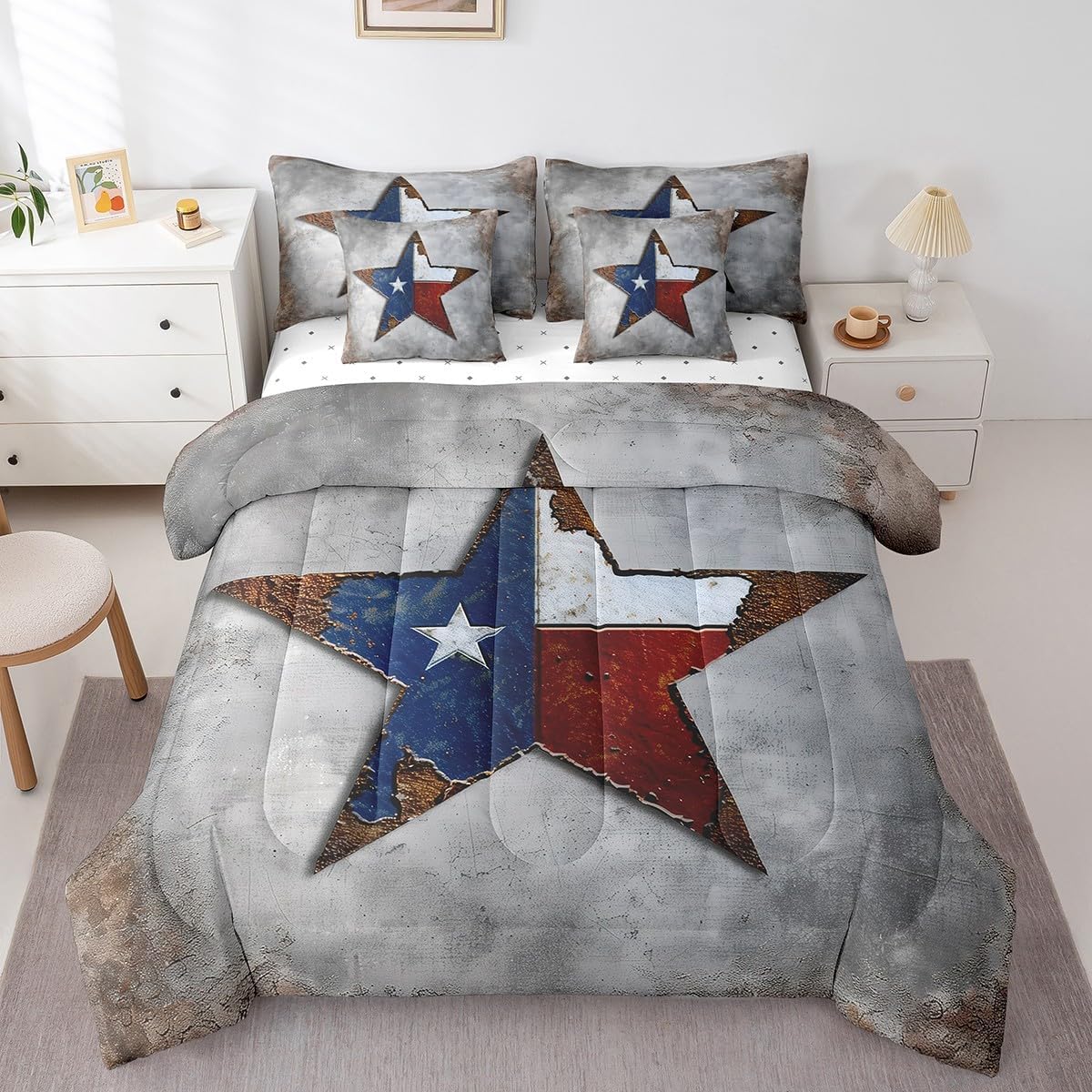 Vintage Texas Stars Bedding Comforter Sets 7-Piece Retro Flag Print Bed in a Bag, Grunge Grey King Bedding Sets Texas Star Comforter Set King, American Flag Pattern Bedding Sets & Collections