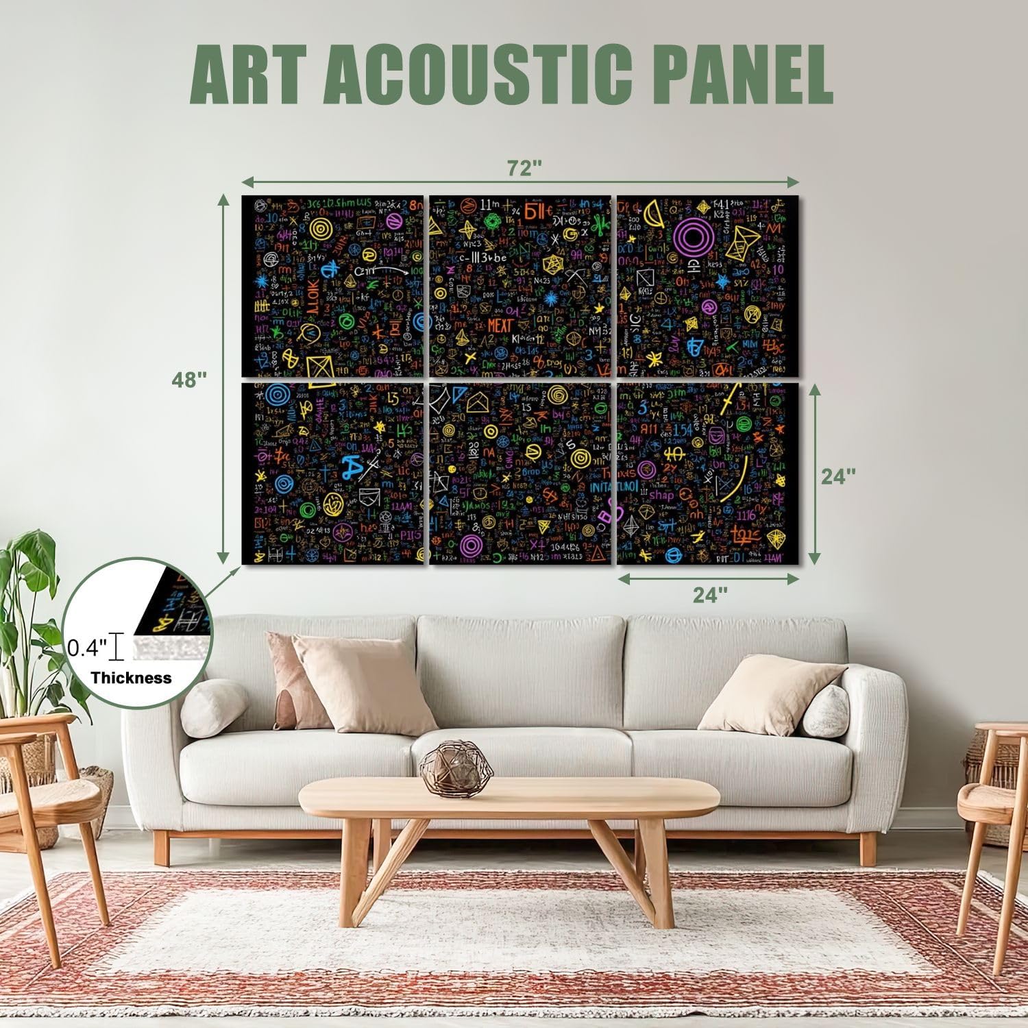6 Pack Art Acoustic Panels Sound Absorbing Blackboard Math Symbols Numbers Geometric Shapes Letters Colorful Decorative Soundproof Wall Panels Self Adhesive for Recording Studios Office 72