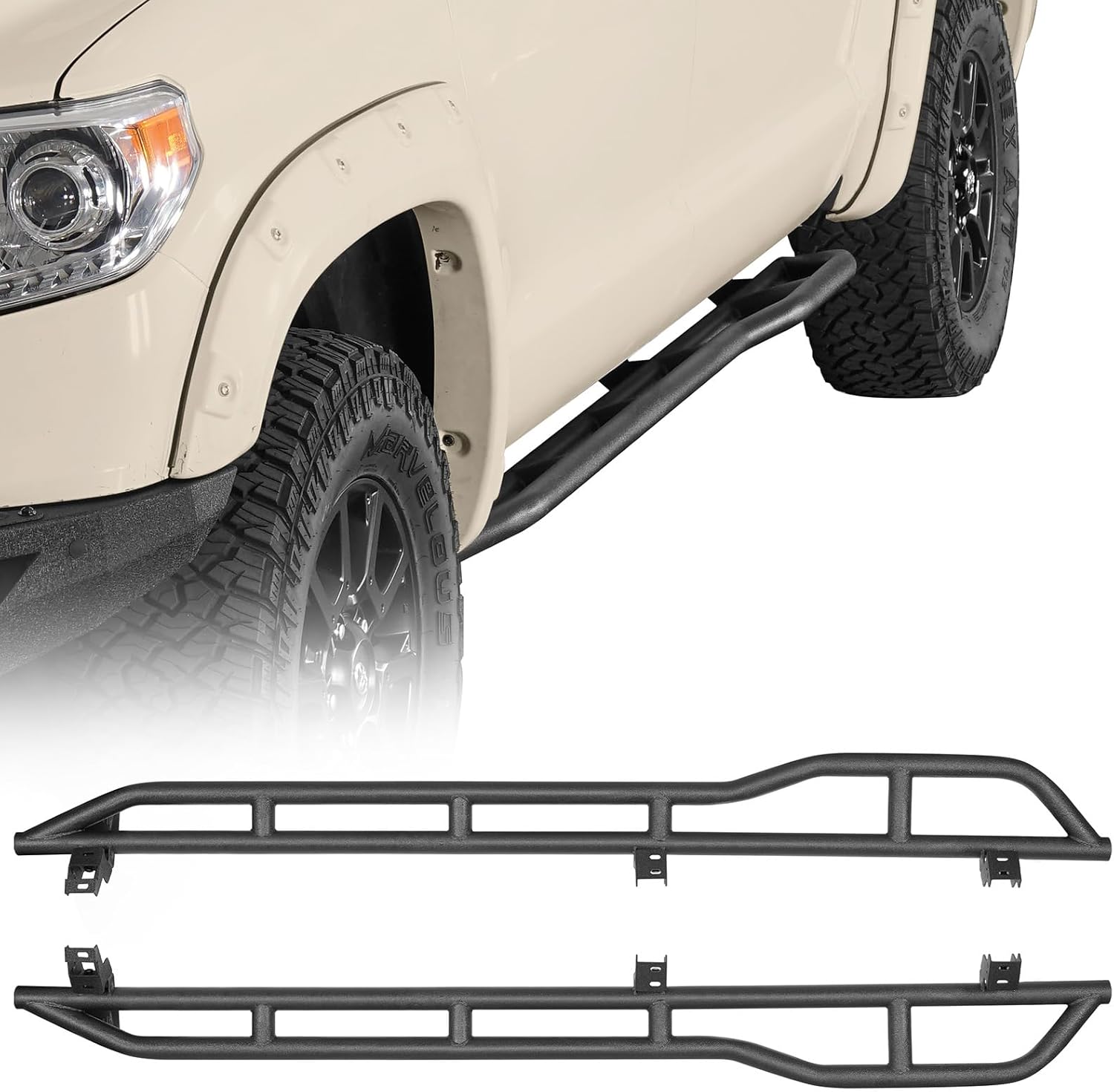 Hooke Road Tundra Rock Sliders Rocker Guard for 2007-2021 Toyota Tundra CrewMax (4 Full-Size Doors), Sturdy Steel Tubular Door Armor Rails with Kick-Out Design