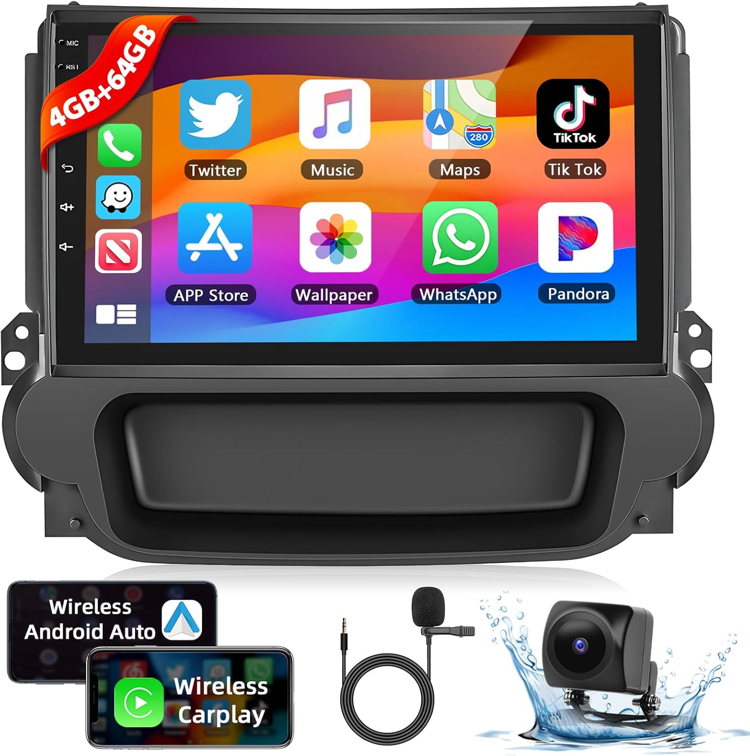 Podofo【Upgrade 8Core 4G+64G】 Car Stereo for Chevrolet Chevy Malibu 2009-2014 with Wireless Carplay & Android Auto,9 Inch IPS Touchscreen Car Radio with Bluetooth/GPS/WiFi/SWC/FM&RDS+Backup Camera+MIC