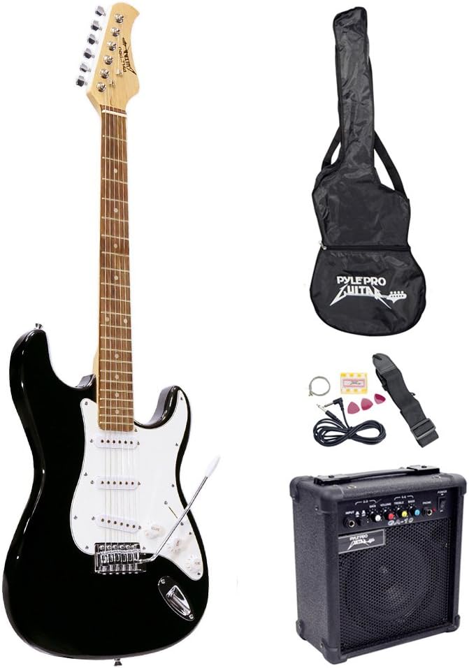 Pyle Pro Full Size Electric Guitar Package w/ Amp, Guitar Bundle, Case & Accessories, Electric Guitar Bundle, Beginner Starter Package, Strap, Tuner, Pick, Ready to Use Out of the Box, Black(PEGKT15B)