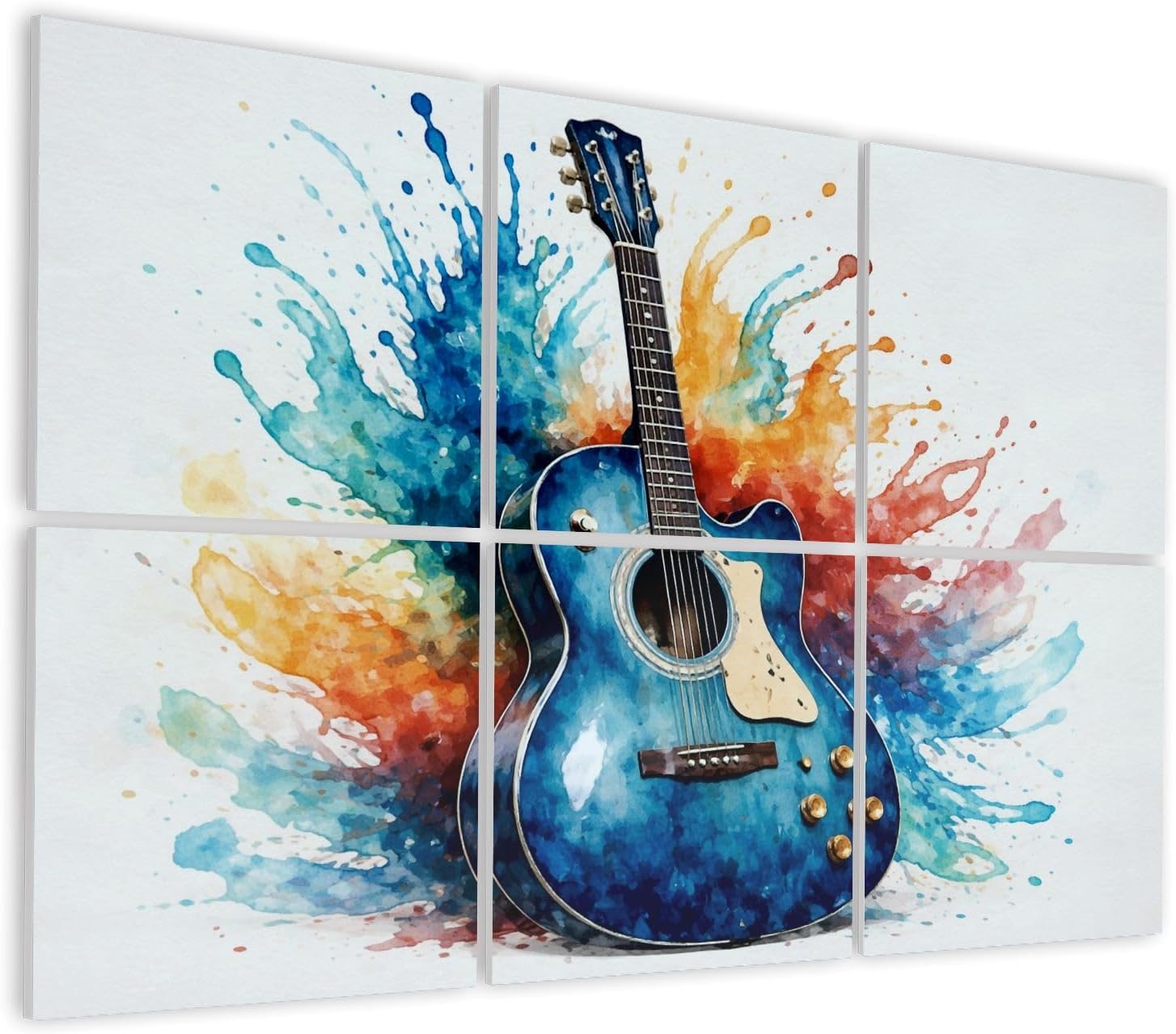 6 Pack Art Acoustic Panels Self Adhesive Blue Acoustic Guitar Colorful Abstract Watercolor Splash Decorative Soundproof Wall Panels Sound Absorbing Panel 48