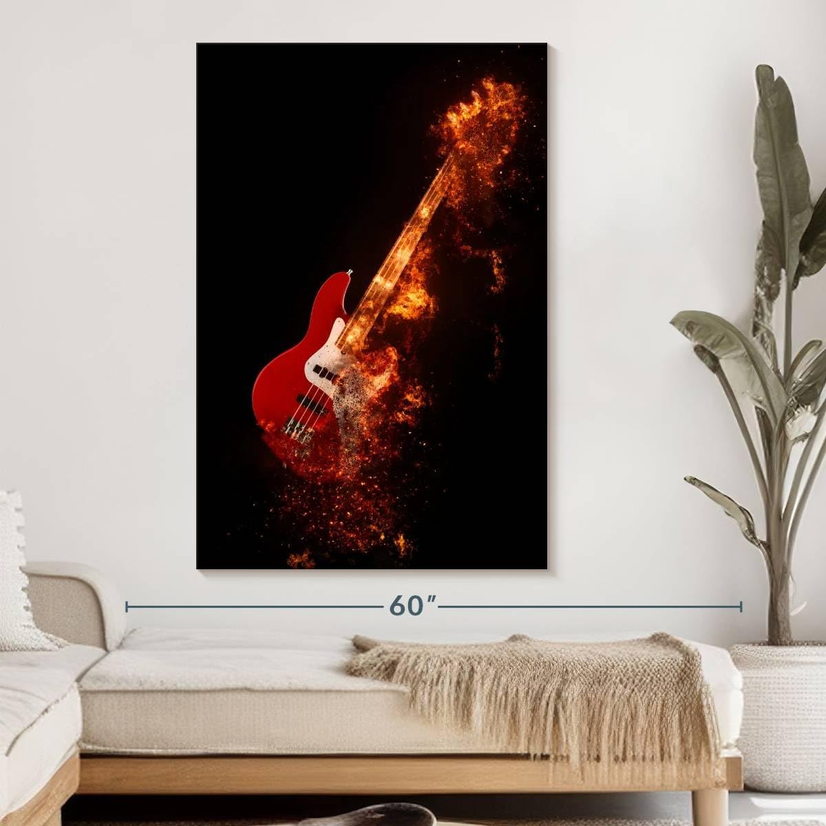 ElephantStock - Flaming Bass Guitar Wall Art - Vertical Canvas Wall Art - Living Room Wall Decor - Digital Art Music Canvas Art - Black And Orange Decor - 34