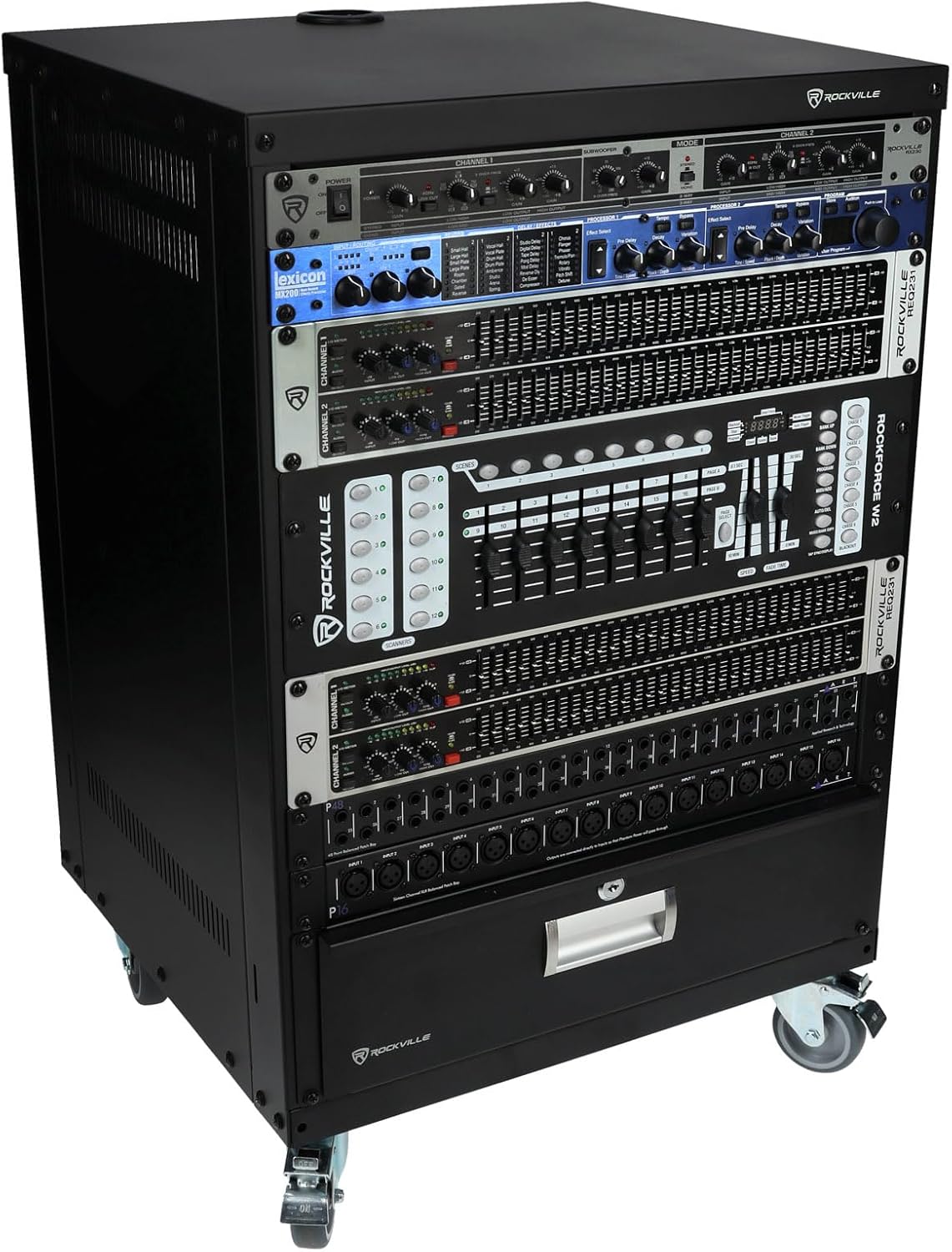 Rockville RR14U 14U Live Sound/Recording Studio Rack Case with Wheels, Reversible Rack Rails, Front & Rear Mounting, Cable Management Ports, 440lb Capacity