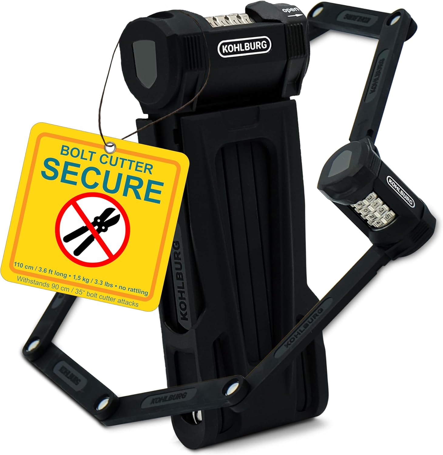 KOHLBURG Folding Bike Lock [43”] Bolt Cutter Proof with 4-Digit Combination Code & Bracket - Long Foldable Bike Lock of Heavy Duty Anti Theft Security Level for Bicycle e-Bike MTB & Scooter