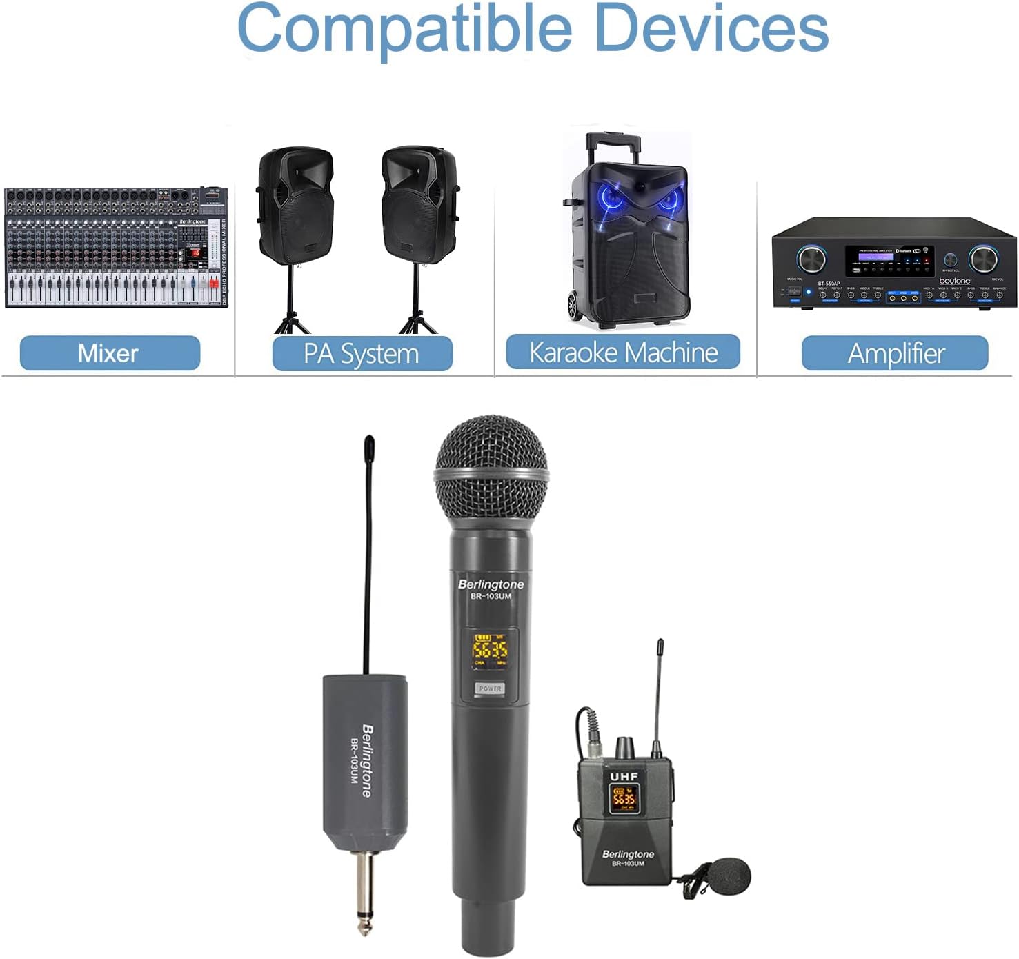 Berlingtone) Dual UHF Wireless Microphone System, with Headset Mic, 60 Adjustable Frequency Channels, with Rechargeable Receiver, Karaoke, Wedding, DJ, Party, Church, up to 200ft Range, BR-103UM