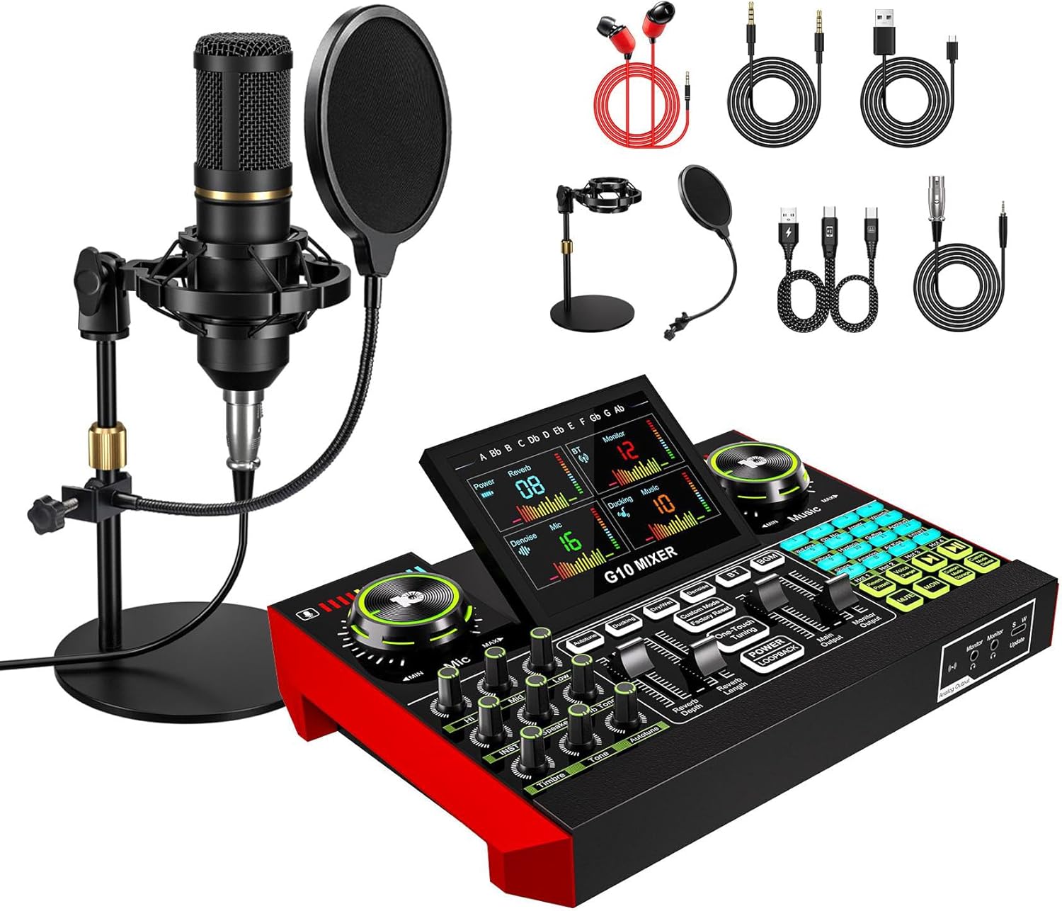 G10-BM800 USB Audio Interface & BM800 Mic Combo with 48V Phantom Power, 19 Voice Presets & One-Click Effects for Content Creation & Recording