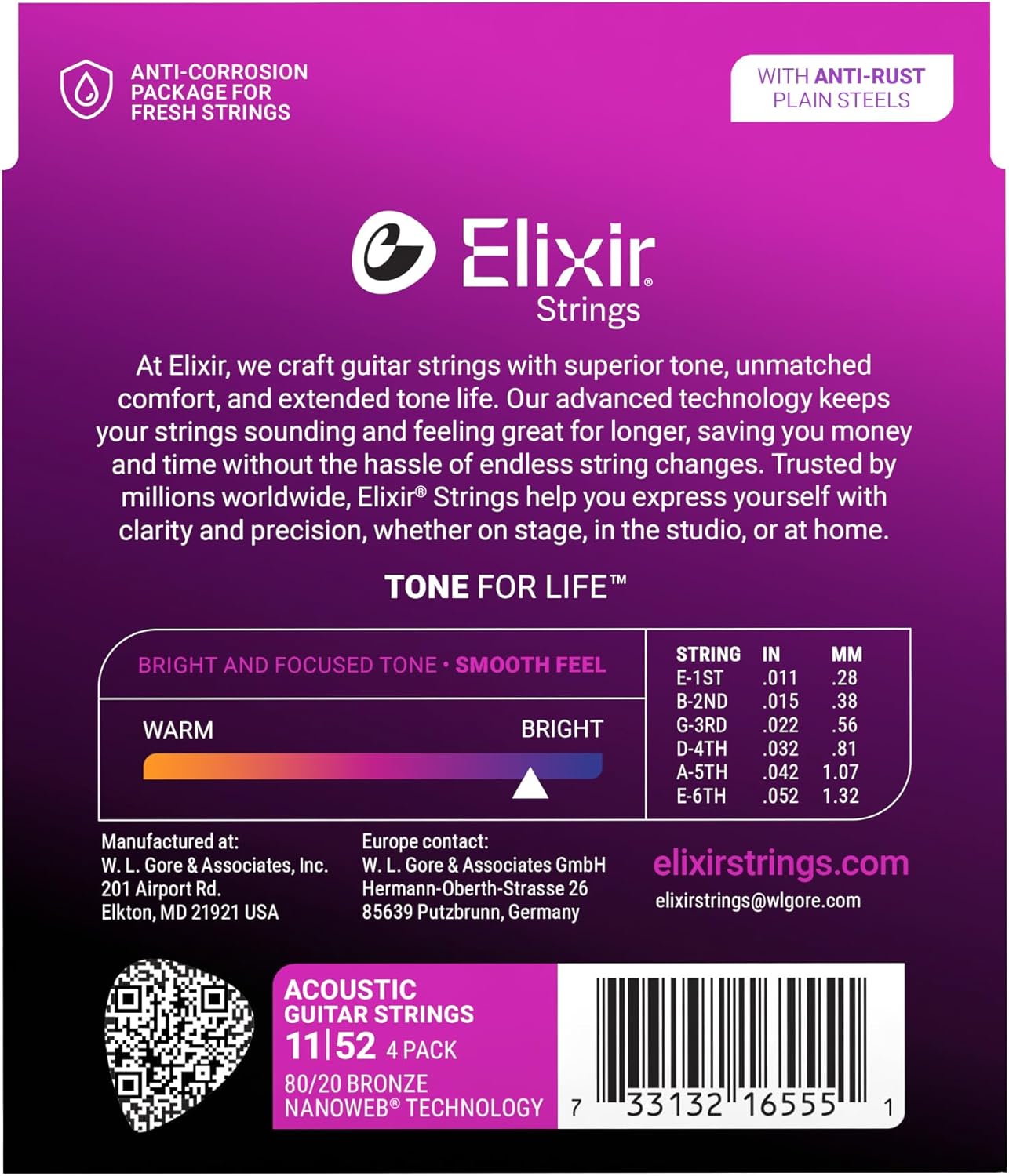 Elixir Strings, Acoustic Guitar Strings, 80/20 Bronze with NANOWEB Technology, Longest-Lasting Bright and Focused Tone with Comfortable Feel, 4 Pack, Custom Light 11-52
