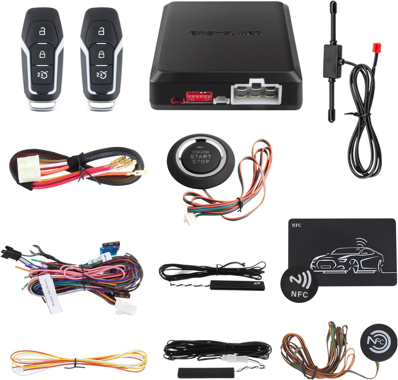 EASYGUARD EC002-F02-NFC PKE Passive Keyless Entry Car Alarm System Remote Start Starter Push Start Stop Button NFC Lock Unlock DC12V (Without Shock Sensor)