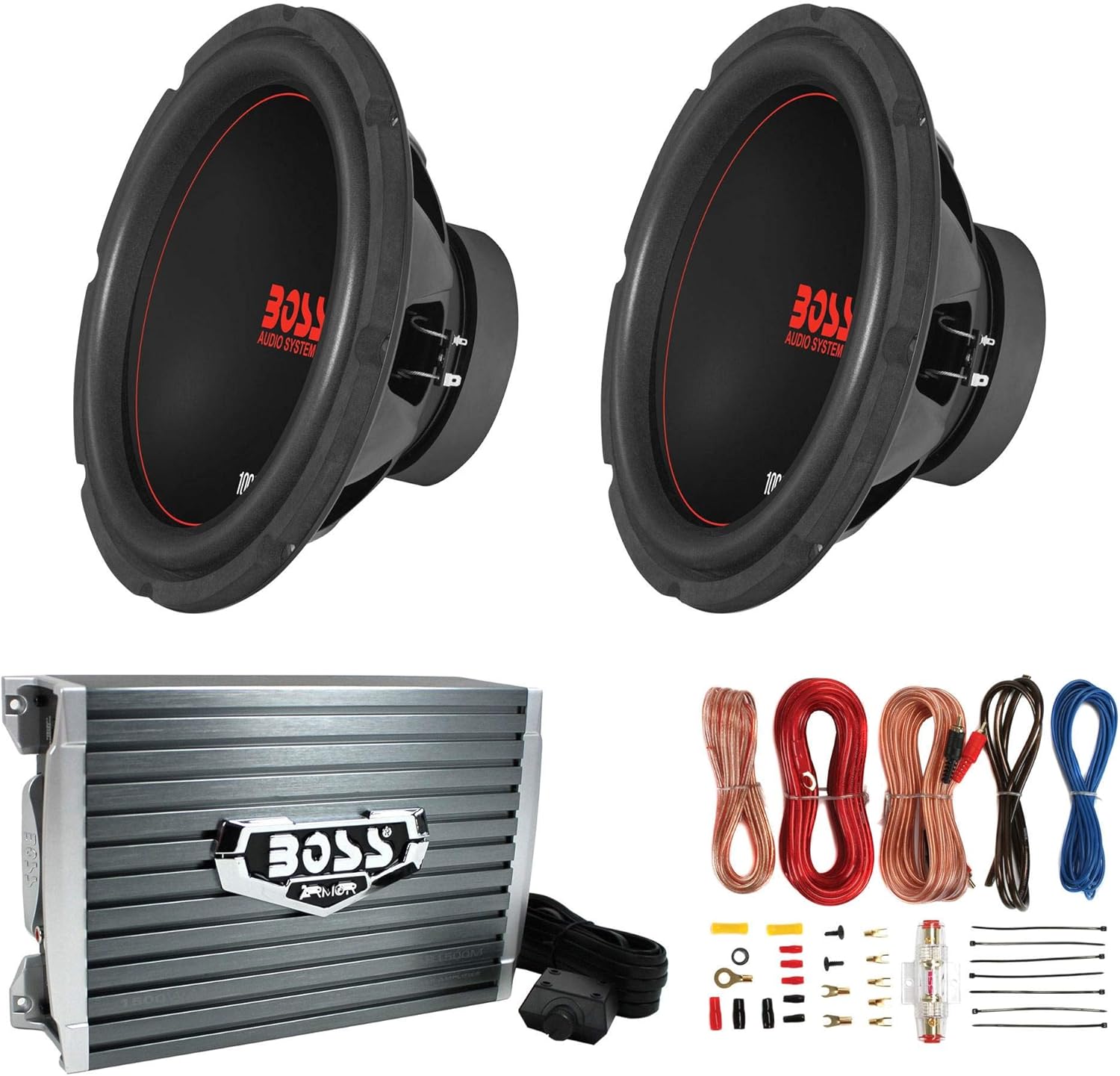 2 Boss CXX104DVC Chaos Exxtreme 10-Inch 1000W DVC 4 Ohm Subwoofer, Black and AR1500M Mono MOSFET Power Amplifier and AKS8 Amplifier Installation Kit
