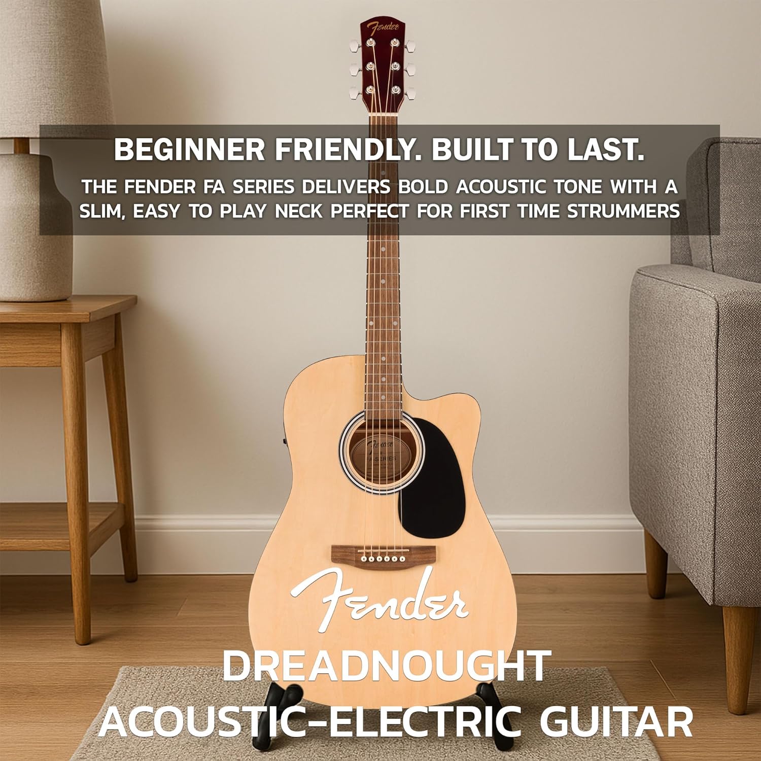 Fender FA Series Dreadnought Acoustic-Electric Guitar - Natural Bundle with Gig Bag, Strap, Strings, Picks, and Austin Bazaar Instructional DVD