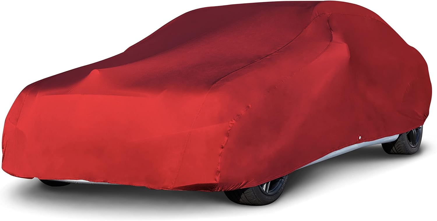 Budge Indoor Stretch Car Cover, Premium Dustproof Protection with Soft Fleece Lining, Breathable Indoor Car Cover Fits Vehicles up to 170 Inches, Red