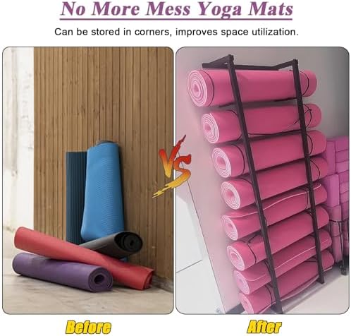 Yoga Mat Storage Stand,Yoga Mat Holder,Pack of 2 Yoga Mat Rack Holder, Foam Roller & Exercise Mats Storage Rack Wall Mount, Workout Room/Home/Gym/School/Kindergarten , Black 2 Pcs-145cm/57in Tall