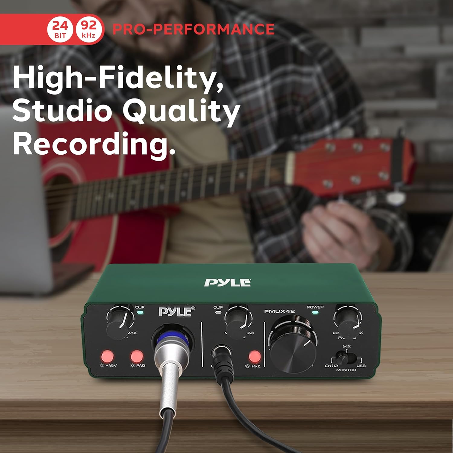 Pyle USB Audio Interface for Recording, Streaming & Podcasting – 2 Inputs 2 Outputs, 48V Phantom Power, 24bit/192kHz ASIO, Studio-Quality Sound, Rugged Metal Chassis - Compatible with Windows/Mac