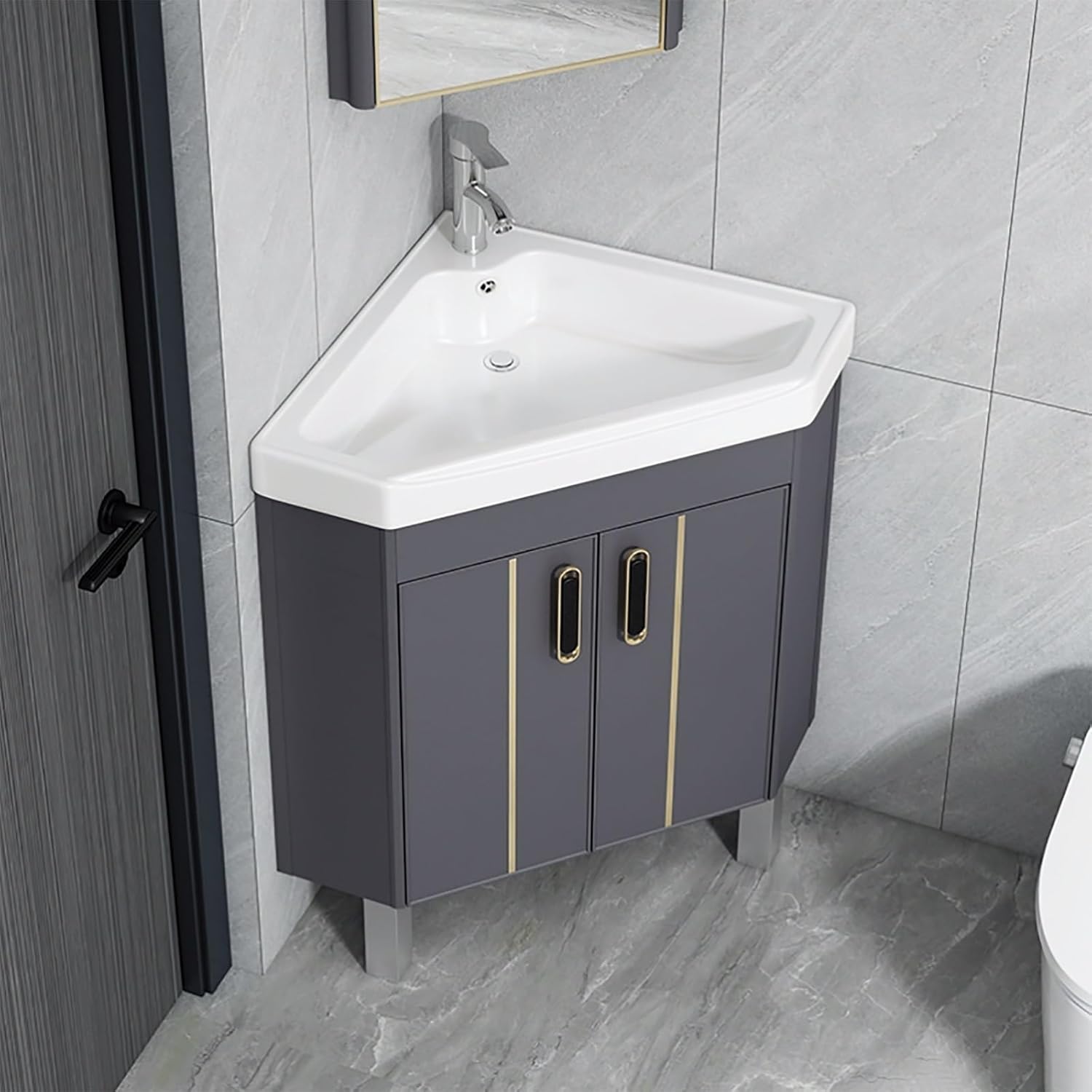 Corner Bathroom Vanity with Sink - Floor Standing, Wall Mount, Ceramic, Storage Container