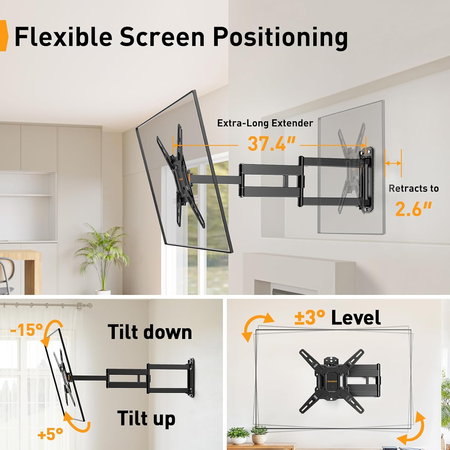 Perlegear Long Arm TV Wall Mount for 32-65″ TVs, 37.4” Long Extension Corner TV Mount, Max VESA 400x400mm, Articulating Arms Full Motion Wall Mount Bracket with Swivel and Tilt, Holds up to 110 lbs