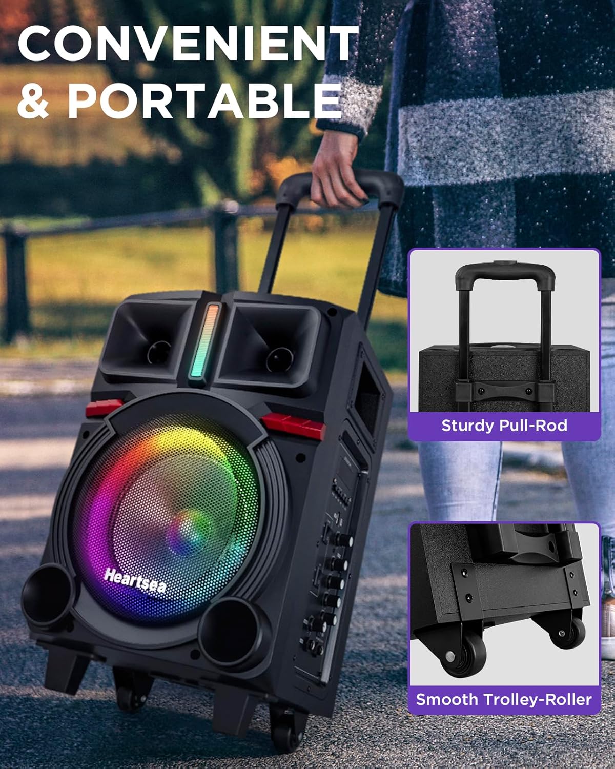 HEARTSEA Karaoke Machine for Adults, Portable Bluetooth Pa Speaker with 2 Wireless Microphones, Wooden Sound PA System with Disco Lights for Party, Outdoor, USB/TF/REC/AUX, Ideal Gifts for Family