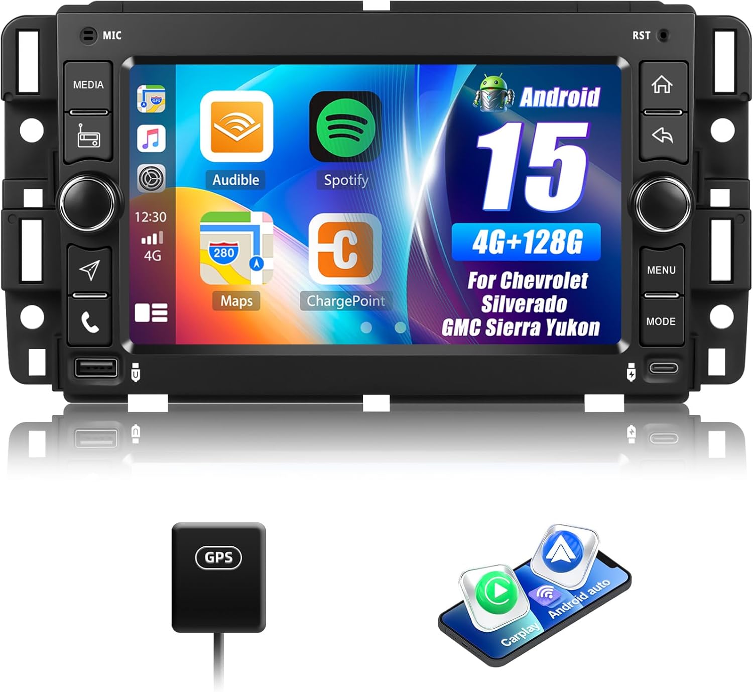 4G+128G Android Car Radio for Chevrolet Silverado GMC Sierra Yukon 2007-2013 with Wireless Carplay Android Auto, 7 inch HD Touch Screen Car Stereo with Bluetooth GPS Navigation WiFi FM RDS SWC