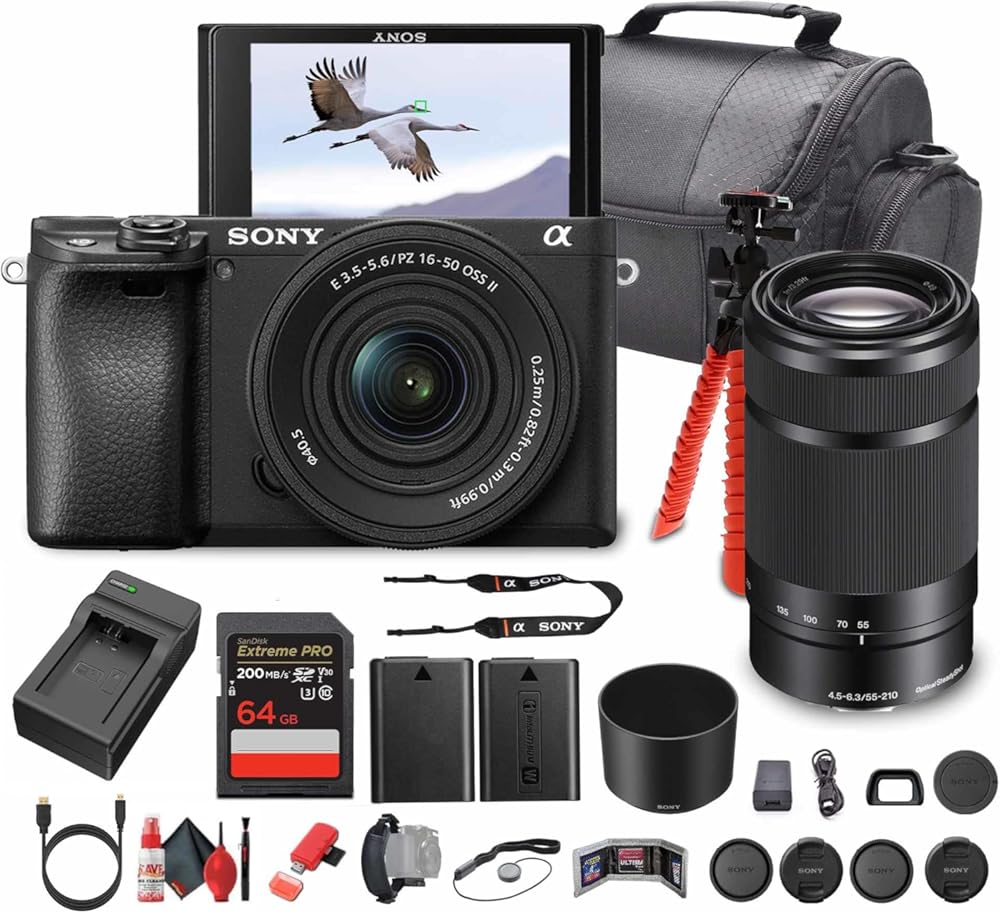 Sony Alpha a6100 Mirrorless Camera with 16-50mm OSS II Lens and 55-210mm Zoom Lenses (ILCE6100XB) + 64GB Memory Card + NP-FW50 + Camera Bag + Charger + Tripod + Cleaning Kit + More (Renewed)