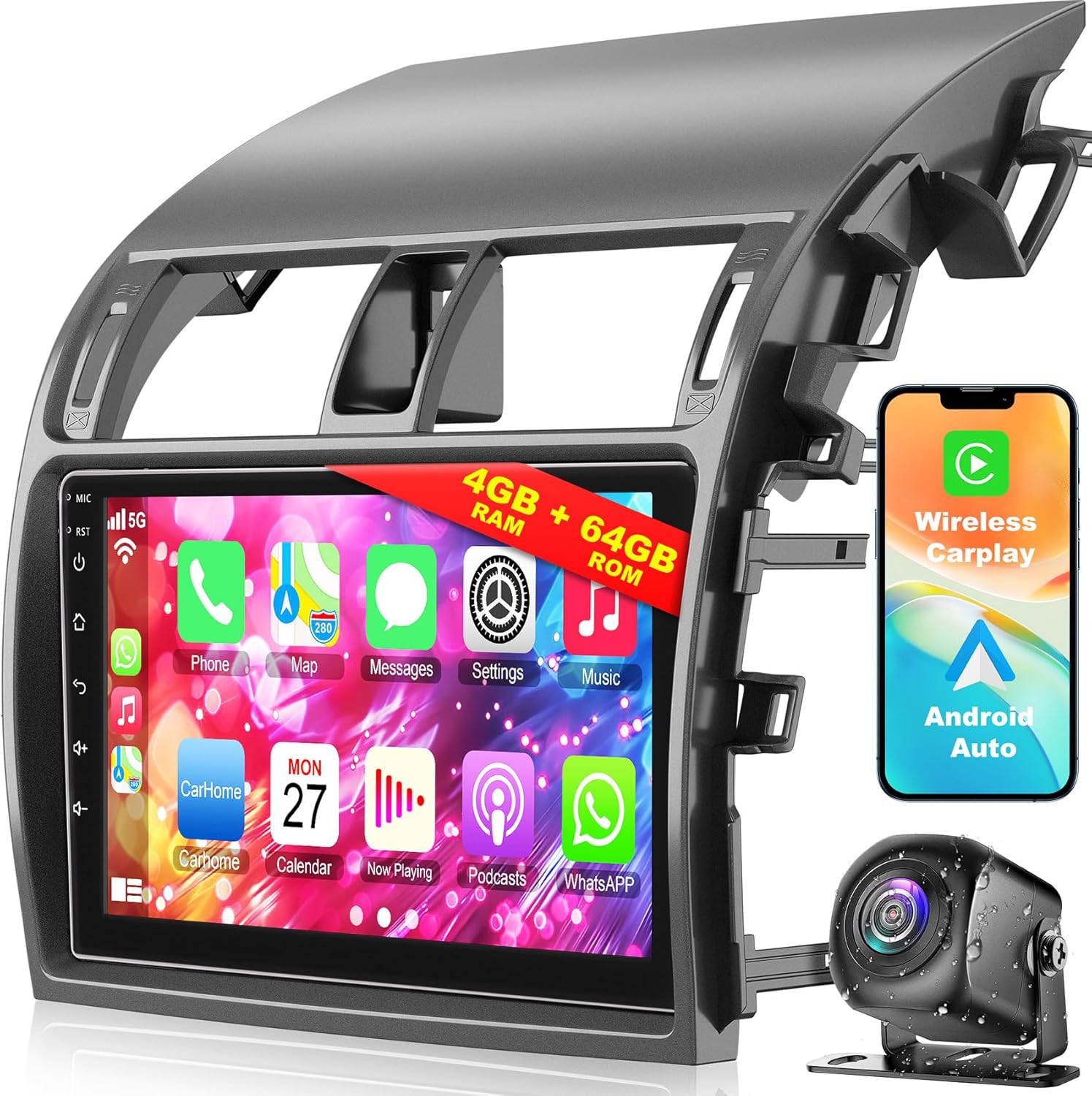 4G+64G Car Stereo for Toyota Corolla 2009-2013, 9 Inch Android 13 Touch Screen Corolla Radio with Wireless CarPlay, Android Auto, GPS Navi, 5G WiFi, Bluetooth 5.2, HD Rear Camera, SWC,FM Radio