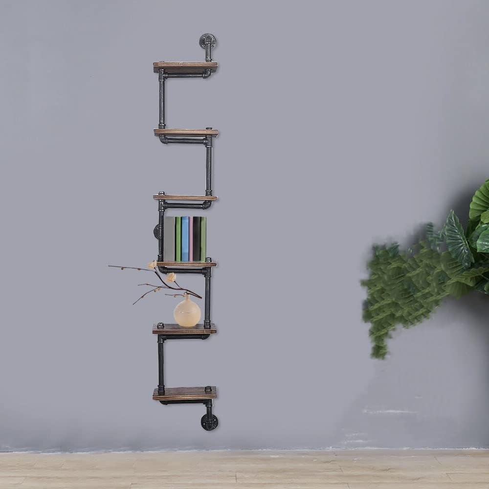 Wall Shelves Bookcase, Industrial Bookshelf 6-Tier Ladder Shelf, Vintage Metal Pipes and Wood Shelves, Rustic Display Bookshelf for Bedroom Laundry Room Bathroom Living Room Decor