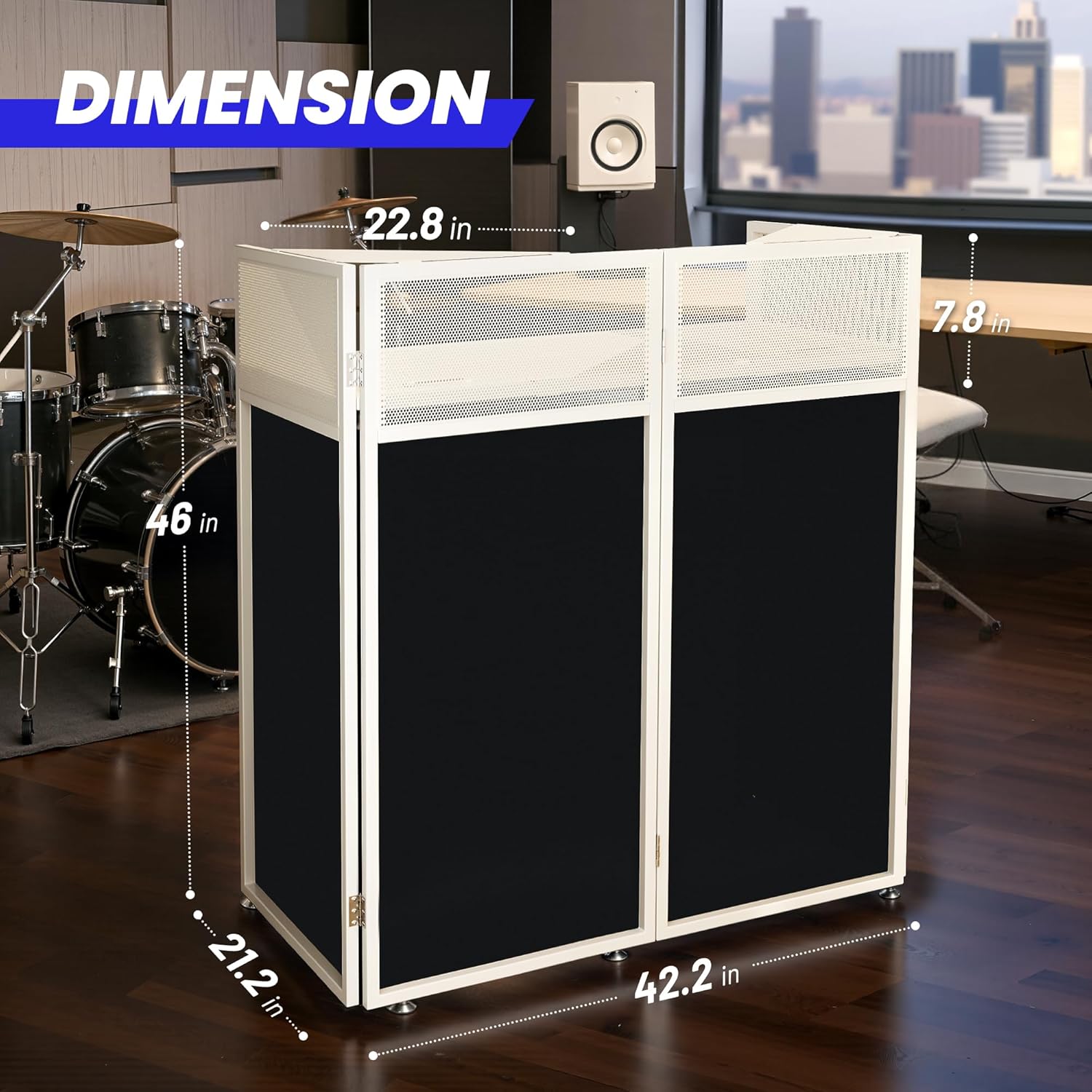 CAHAYA DJ Booth Stand Portable - DJ Table Facade with Black & White Scrims DJ Stand Foldable for Laptop & Controller Double Top Corners, Storage Bag, Cable Holes, 40