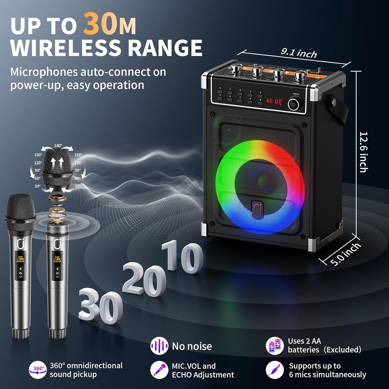 JYX Karaoke Machine with 2 Wireless Microphones, Portable Bass/Treble Bluetooth Speaker with LED Light, Support TWS, AUX in, FM, REC PA System with Remote Control, Supply for Party/Adults/Kids