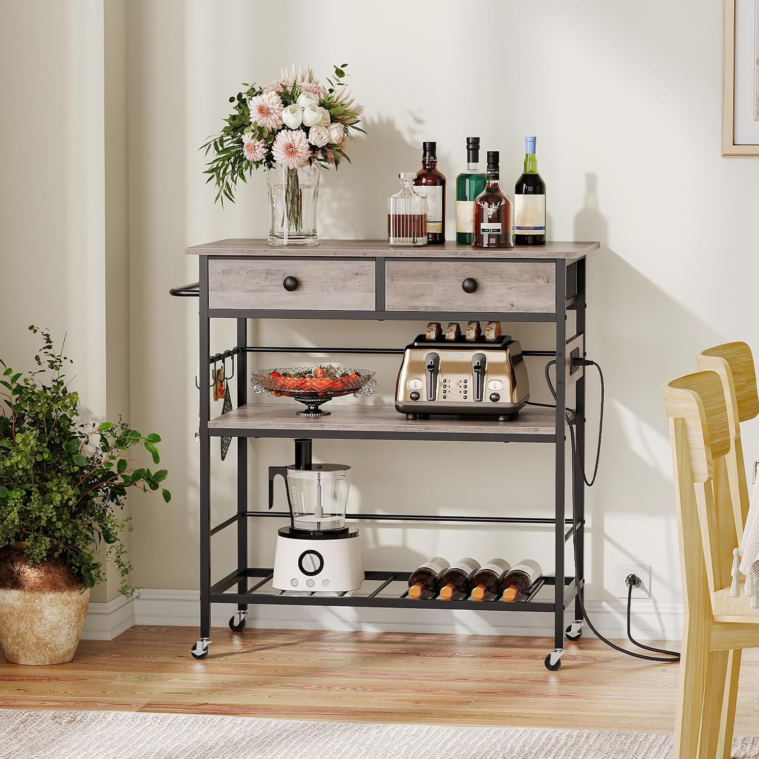 HOOBRO Kitchen Island Kitchen Island with Storage Bundle, Kitchen Island Table with Power Outlet, 3 Tier Coffee Station and Microwave Stand, Greige and Black BG021ZD01-BG08UZD01