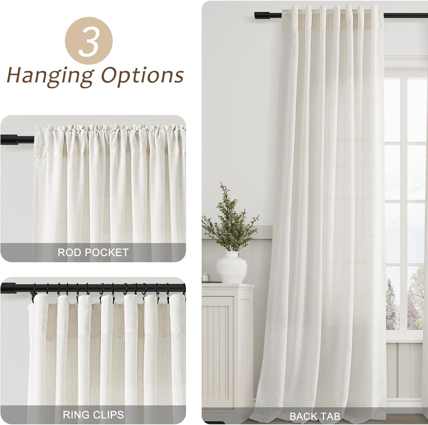 Natural Extra Long Faux Linen 132 Inch Length Curtains Luxury Privacy Light Filtering Ceiling High Window Curtains Back Tab Pocket Ivory Semi Sheer Vintage 2 Panels for Living Room 52x132