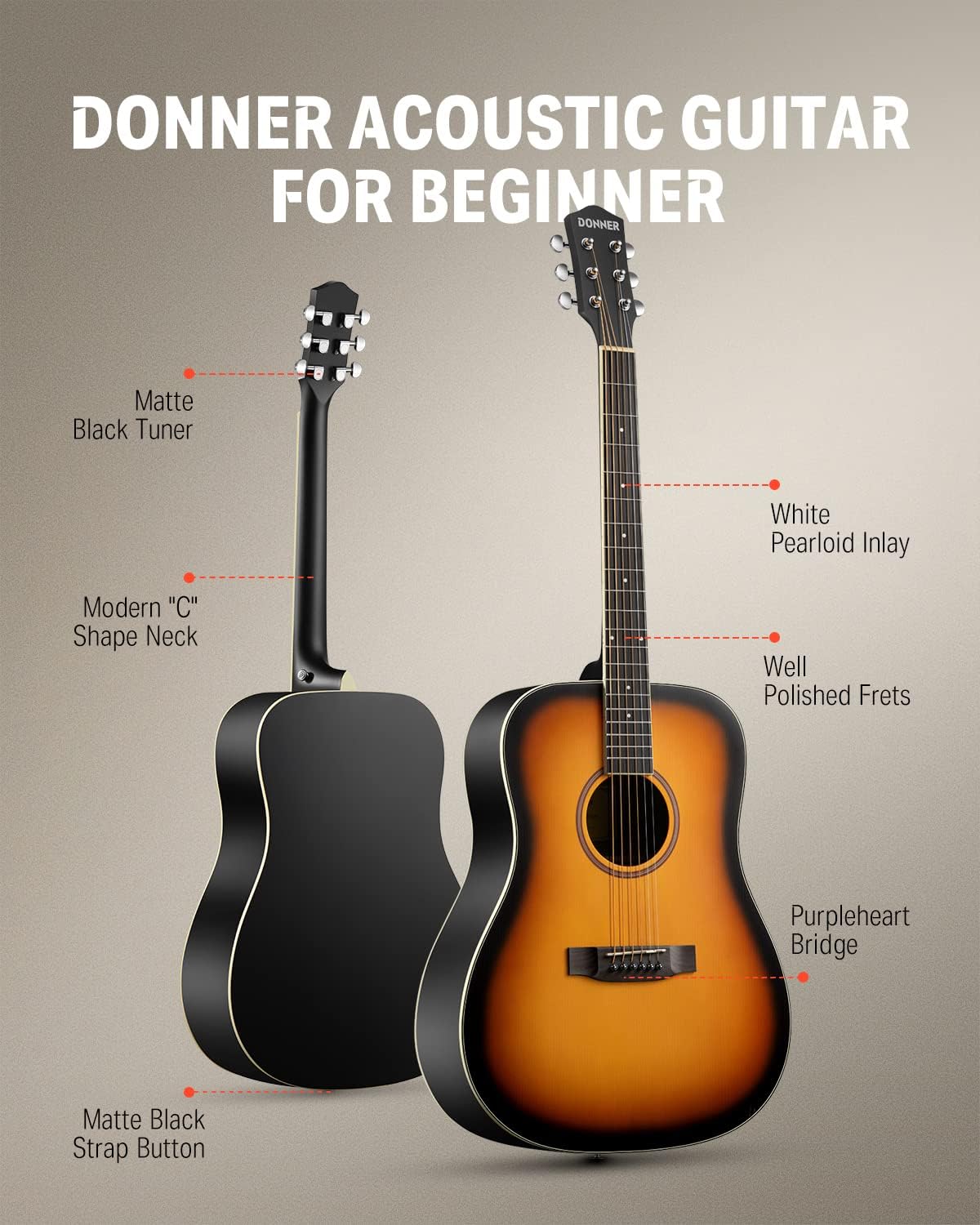 Donner Acoustic Guitar for Beginner Adult Full Size Dreadnought Acustica Guitarra Bundle with Free Online Lesson Bag Strap Tuner Capo Pickguard String 4 Picks Cloth, Right Hand 41 Inch