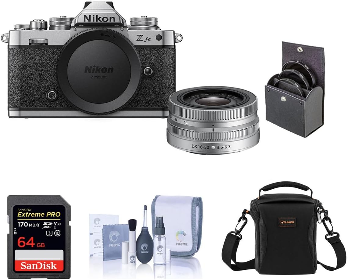 Nikon Z fc DX-Format Mirrorless Camera with NIKKOR Z DX 16-50mm f/3.5-6.3 VR Lens, Silver Bundle with 64GB SD Card, Shoulder Bag, Filter Kit, Cleaning Kit