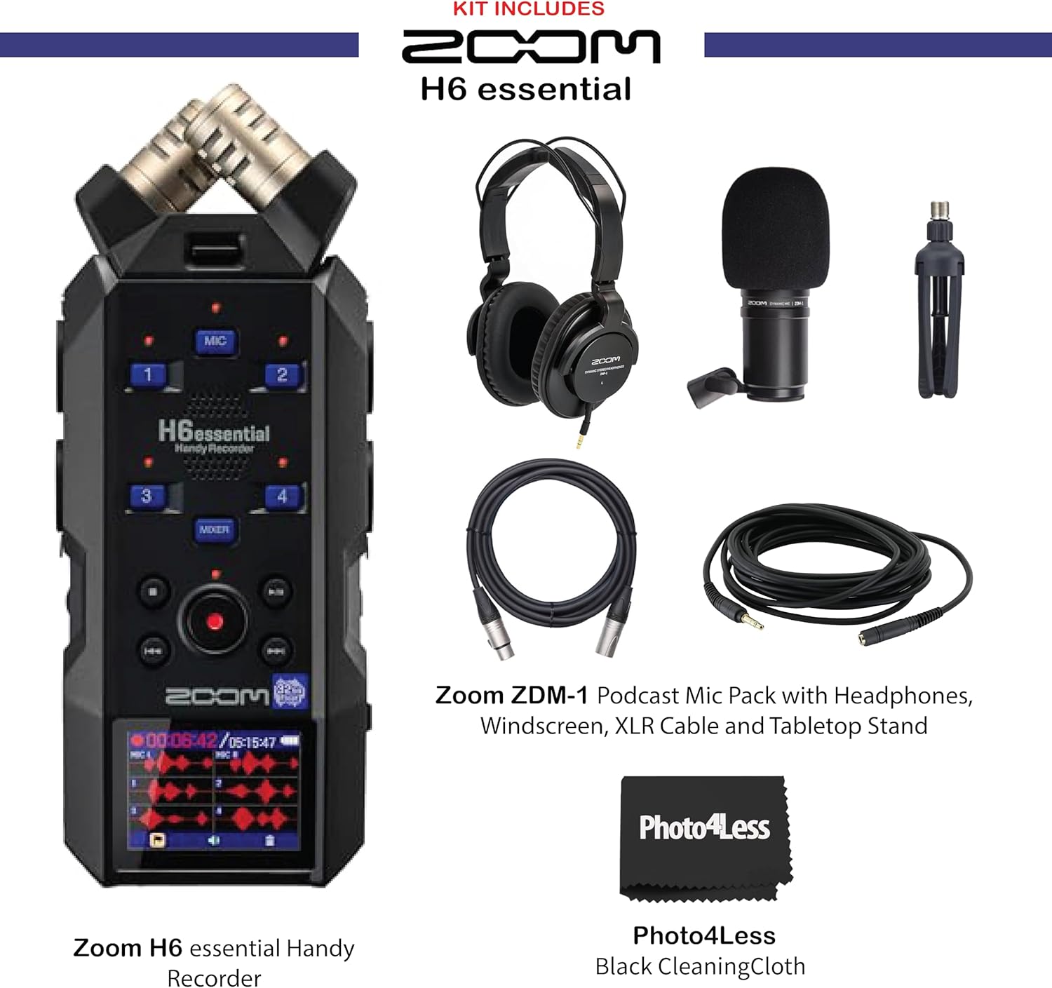 Zoom H6essential 6-Track 32-Bit Float Portable Audio Recorder Bundle With Zoom ZDM-1 Podcast Mic Pack with Headphones, Windscreen, XLR Cable and Tabletop Stand