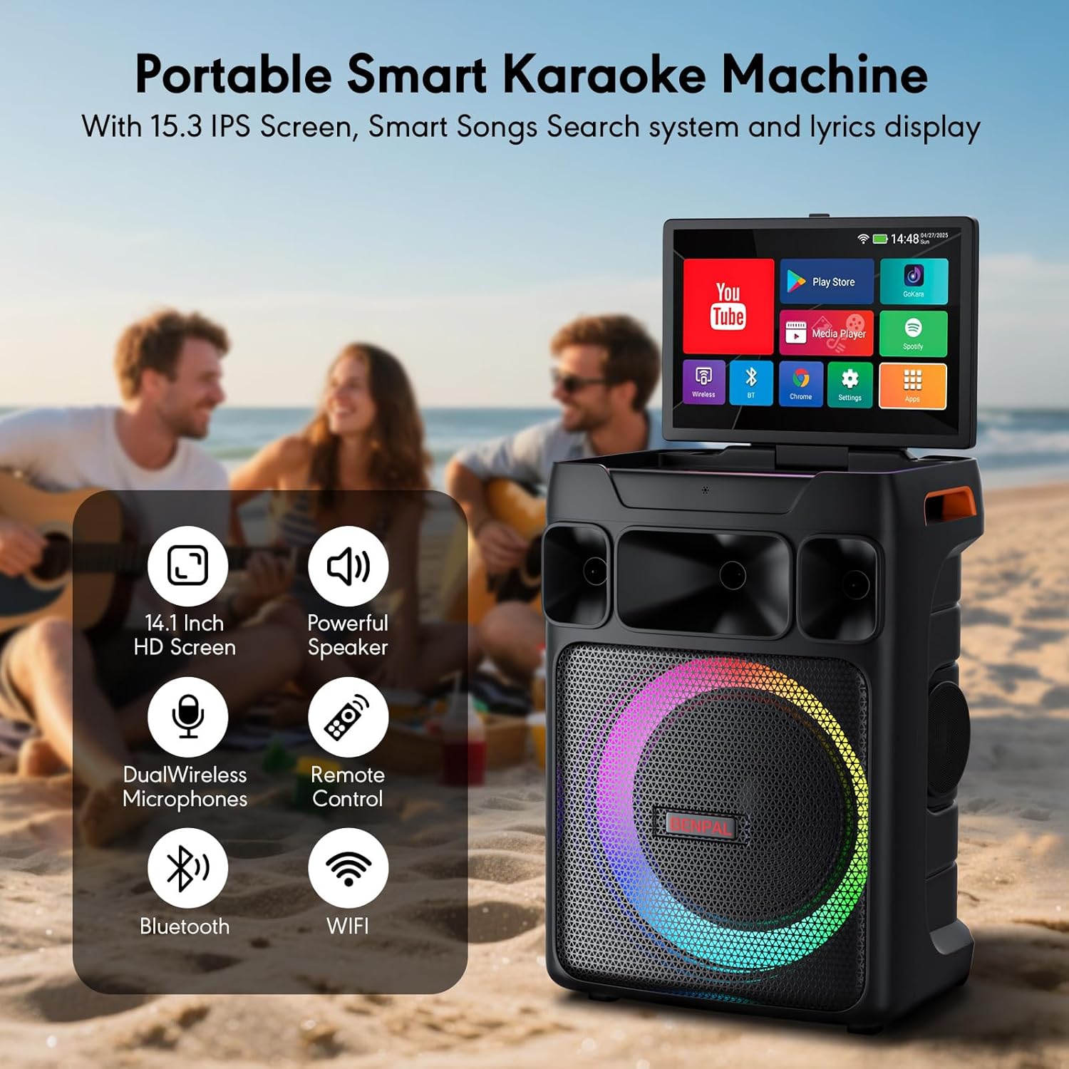 Portable Karaoke Machine with 14 Inch Touch Screen & Lyrics Display, Professional Bass Sound for Home Parties, Outdoor Events, Karaoke Nights - Perfect for Adults, Kids, Singers & Music Lovers
