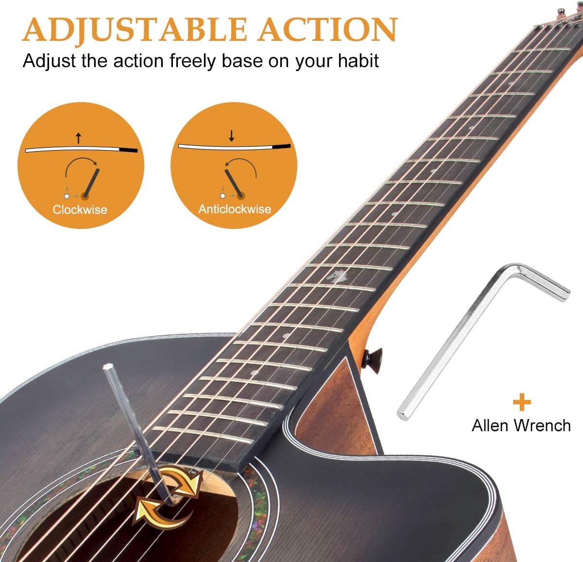 lotmusic 41 Inch Acoustic Guitar Full-size Dreadnought Professional Cutaway Folk Guitarra Bundle 6 Metal Strings with Beginner Kit (Gig Bag, Tuner, Strap, Picks all accessories