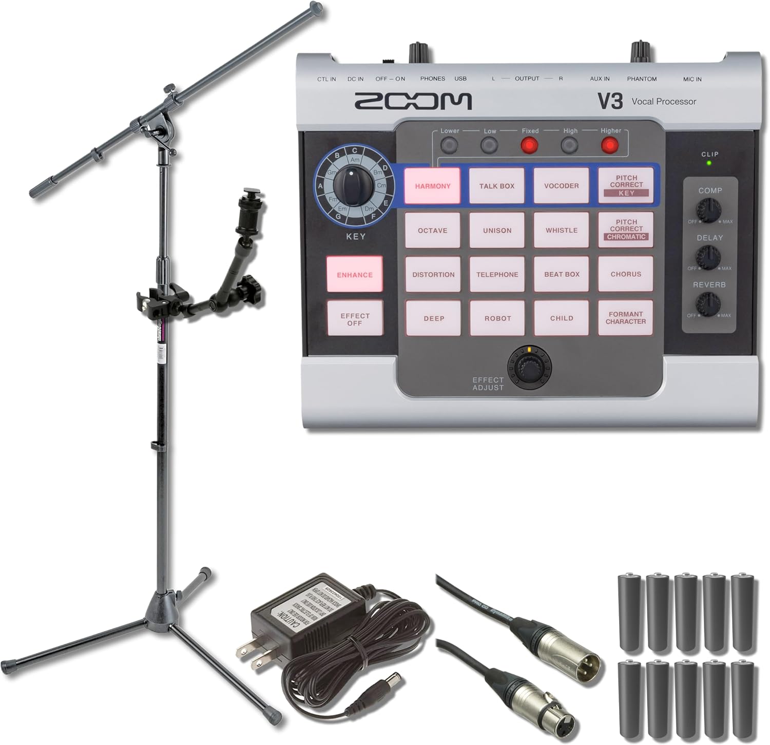 Zoom V3 Multi-Effects Vocal Processor with HRM-11 Handy Recorder Mount, Euro Boom Microphone Stand, AD-16 9V 500mA Power Supply and 10x AA Batteries