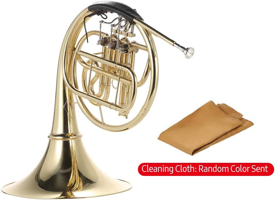 Single Row Three Key French Horn, Brass Gold Lacquer French Horn with 3 Keys in Bb Mouthpiece Gloves Cleaning Cloth, for Student Beginner Teacher