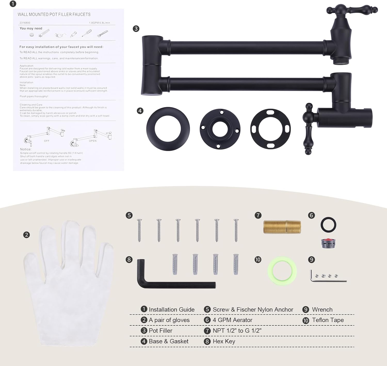 Brass Pot Filler Faucet Black: Wall Mount Commercial Pot Filler with Double Joint Swing Arms - Traditional 2 Handle Kitchen Pot Faucet Over Stove