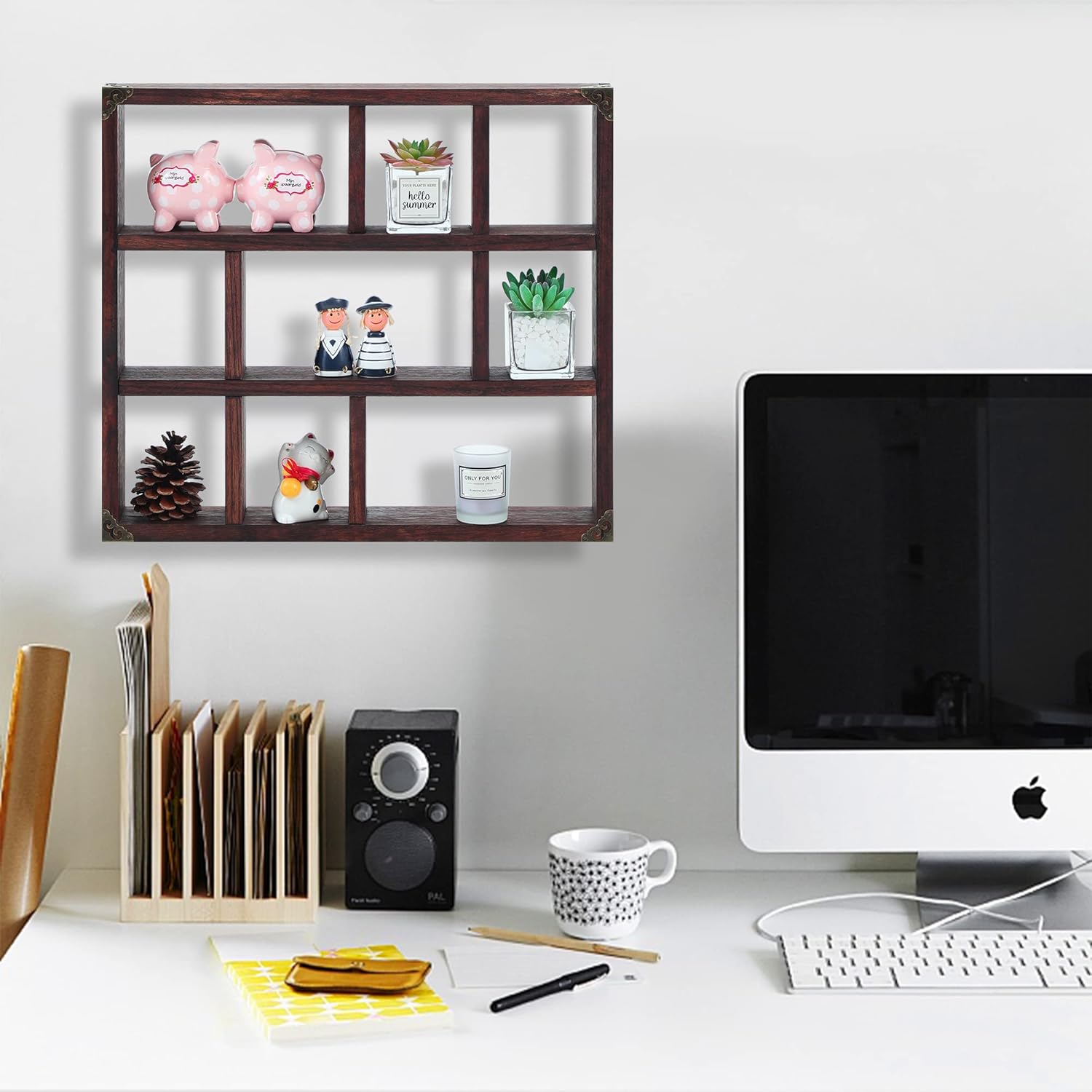 FIRMINANA Rustic Shadow Box Shelf,17.7x15.7-Inch Wall-Mounted (Vertical or Horizontal),9-Slot Rustic Wood Floating Shelves,Lightweight Solid Wood Display Shelf for Shot Glass (Walnut)