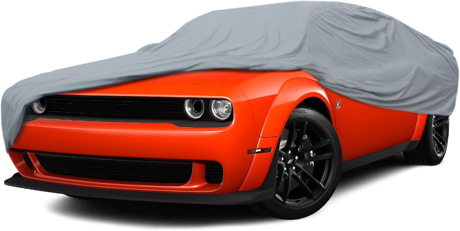Motor Trend 4-Series Lightweight Car Cover, Fits 2009-2023 Dodge Challenger Sedan SXT RT SRT Hellcat, Breathable Anti-Moisture Water-Resistant Scratch-Resistant, All-Weather Outdoor & Indoor Use
