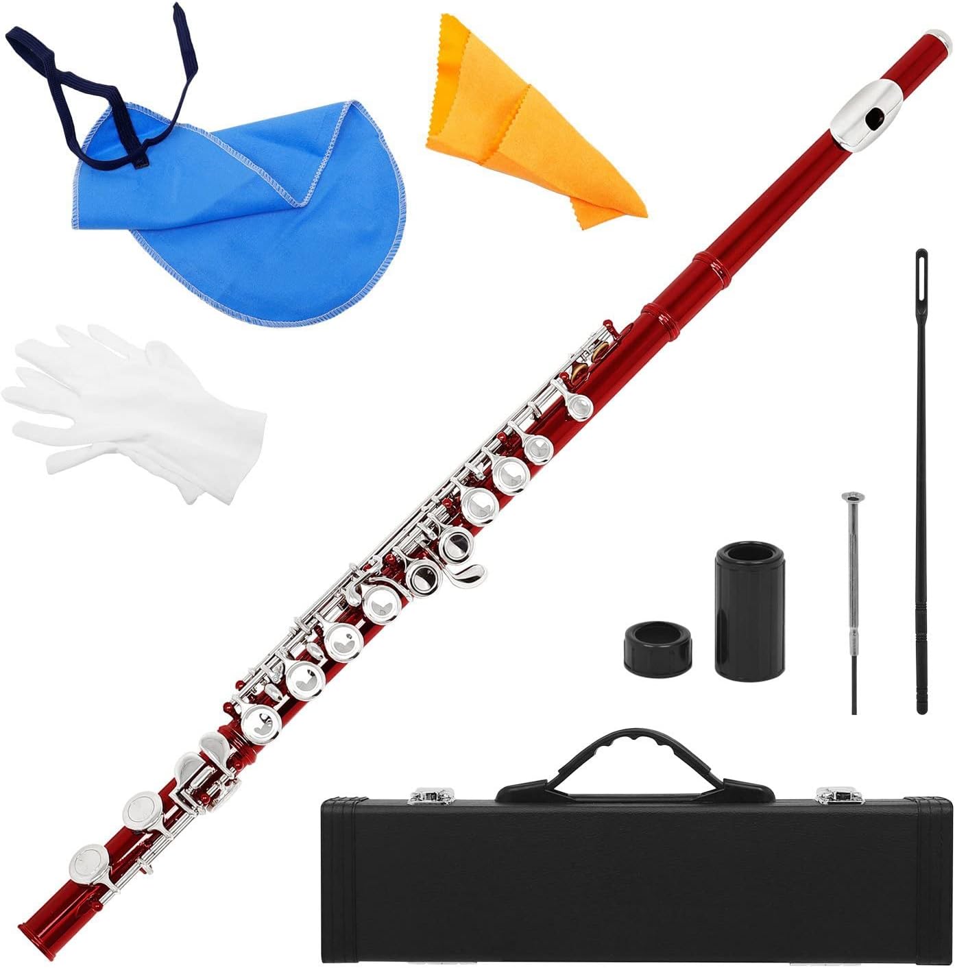 ZUZU 16 Holes C Key Flute Western Concert Flute Cupronickel Nicke Plated Woodwind Instrument& Cleaning Cloth Stick Gloves Mini Case Beginners Flute (Color : Red)